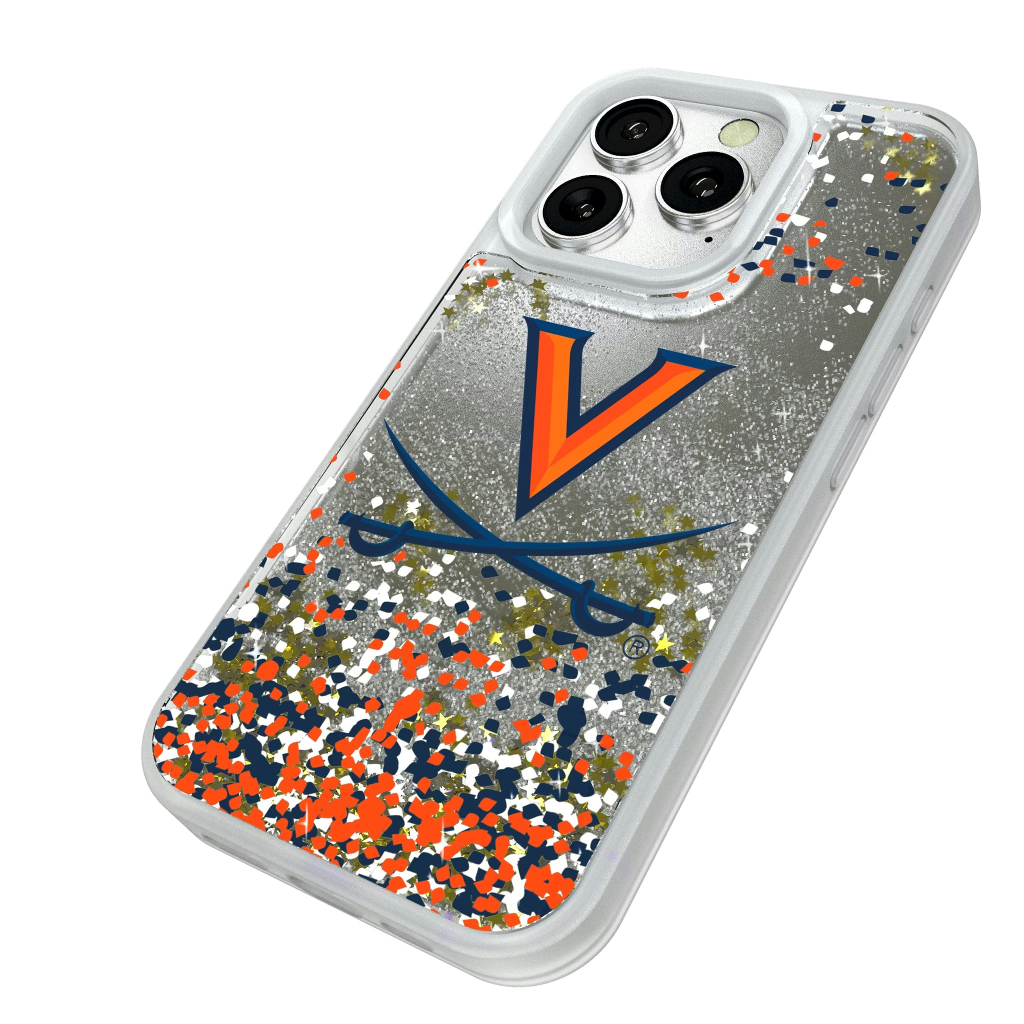 University of Virginia Cavaliers Confetti iPhone Glitter Phone Case for Apple iPhone - Isometric View#Device_iPhone 16 Pro