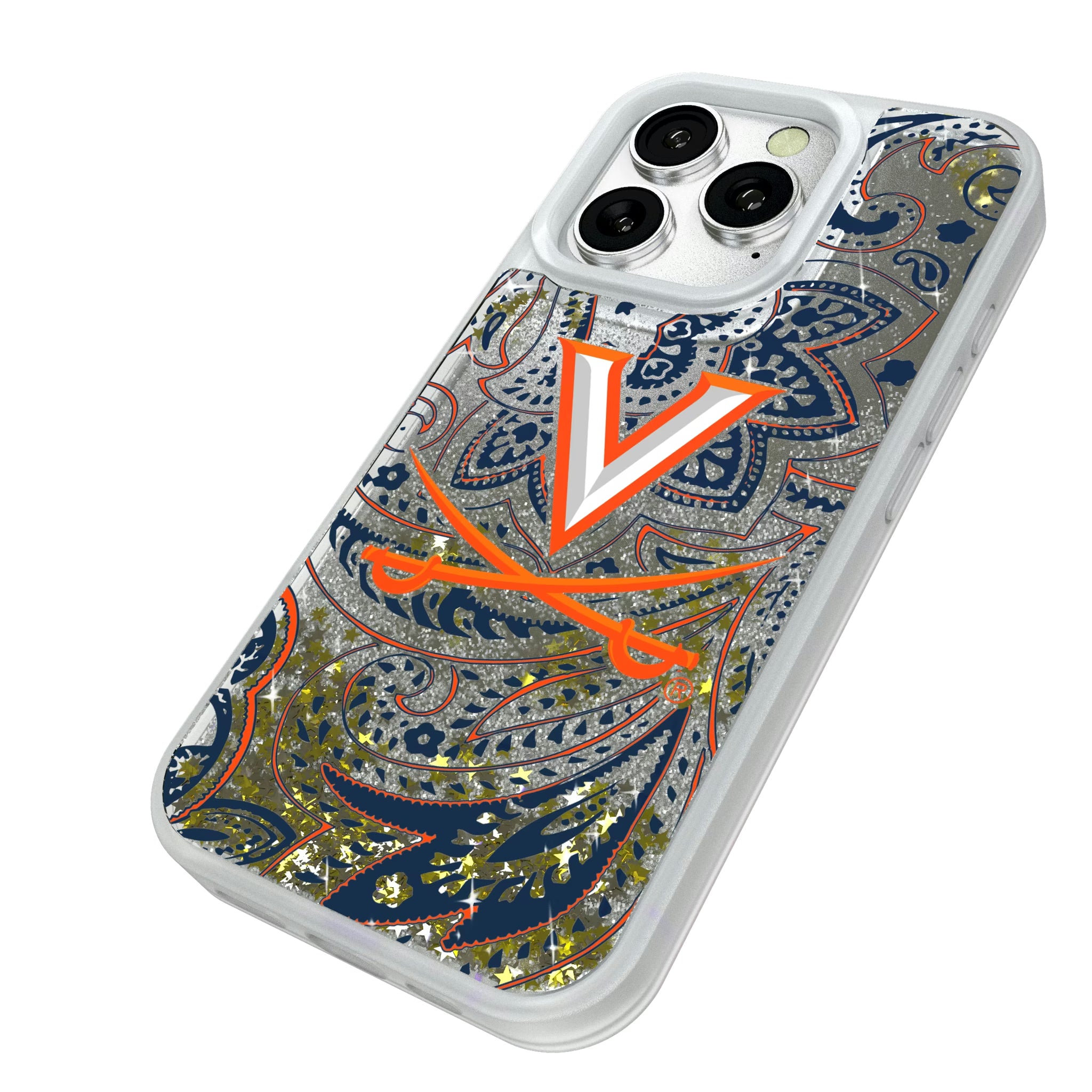 University of Virginia Cavaliers Paisley iPhone Glitter Phone Case for Apple iPhone - Isometric View#Device_iPhone 16 Pro