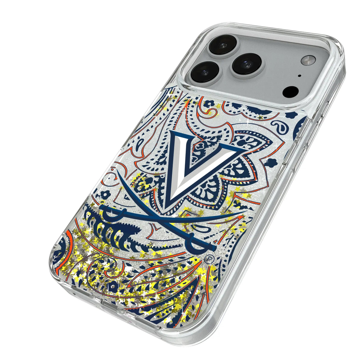 University of Virginia Cavaliers Paisley iPhone Glitter Phone Case for Apple iPhone - Isometric View#Device_iPhone 18 Pro