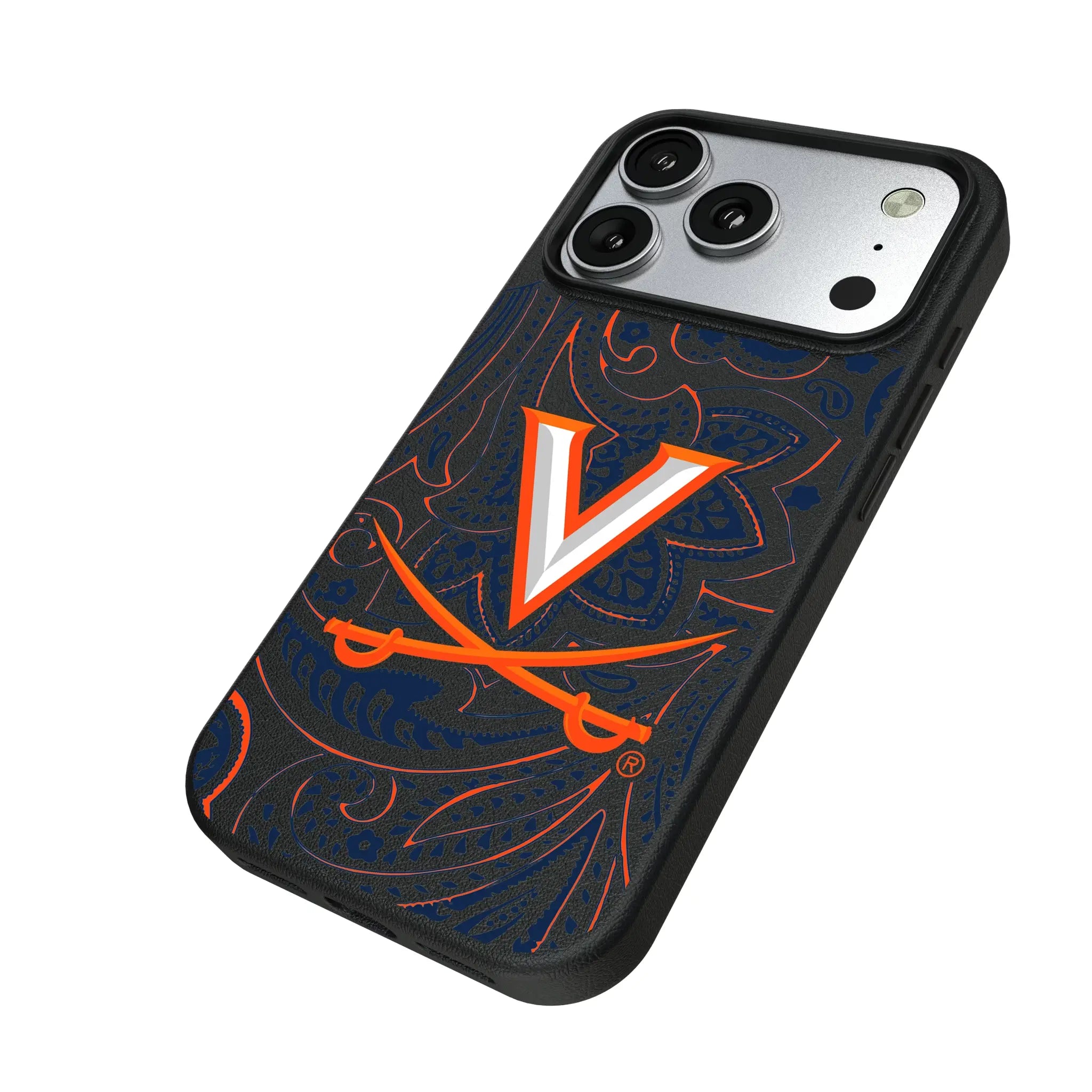 University of Virginia Cavaliers Paisley iPhone MagSafe Compatible Phone Case for Apple iPhone - Isometric View#Device_iPhone 17 Pro
