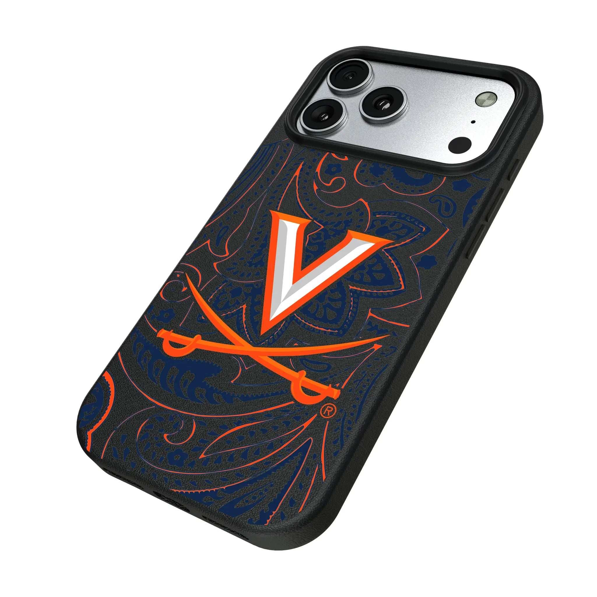 University of Virginia Cavaliers Paisley iPhone MagSafe Compatible Phone Case for Apple iPhone - Isometric View#Device_iPhone 17 Pro Max