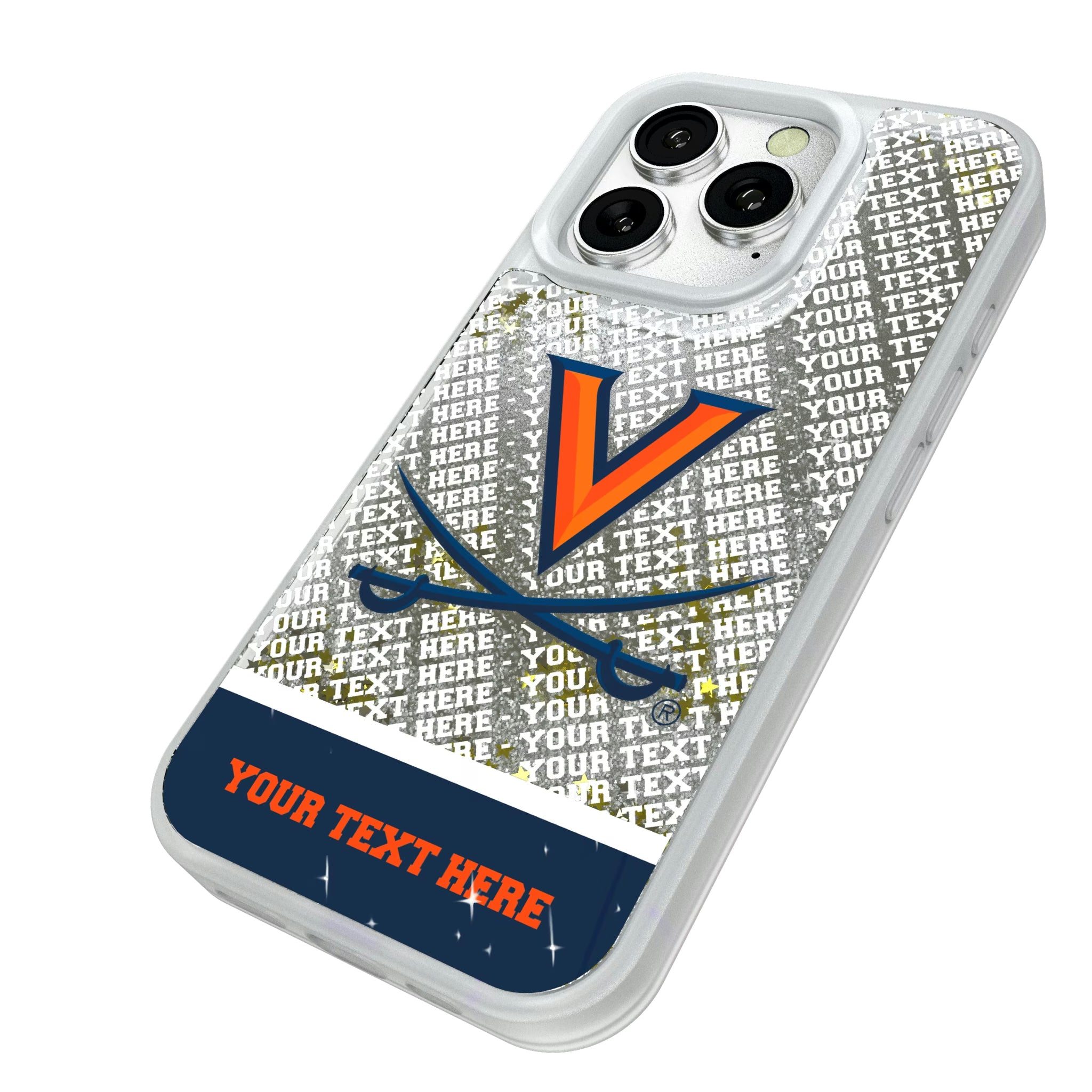 University of Virginia Cavaliers Personalized EndZone Plus iPhone Glitter Phone Case for Apple iPhone - Isometric View#Device_iPhone 16 Pro