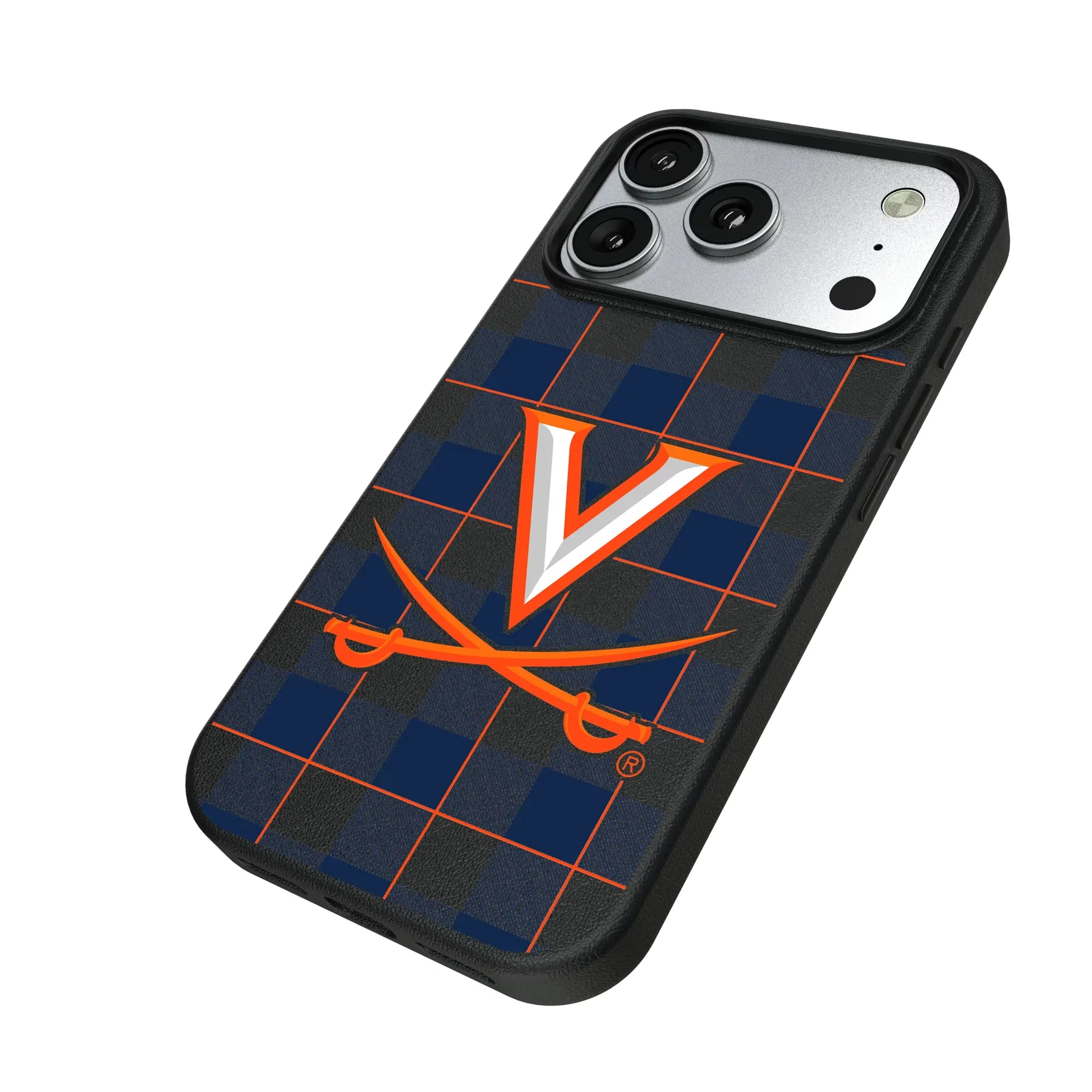 University of Virginia Cavaliers Plaid iPhone MagSafe Compatible Phone Case for Apple iPhone - Isometric View#Device_iPhone 17 Pro