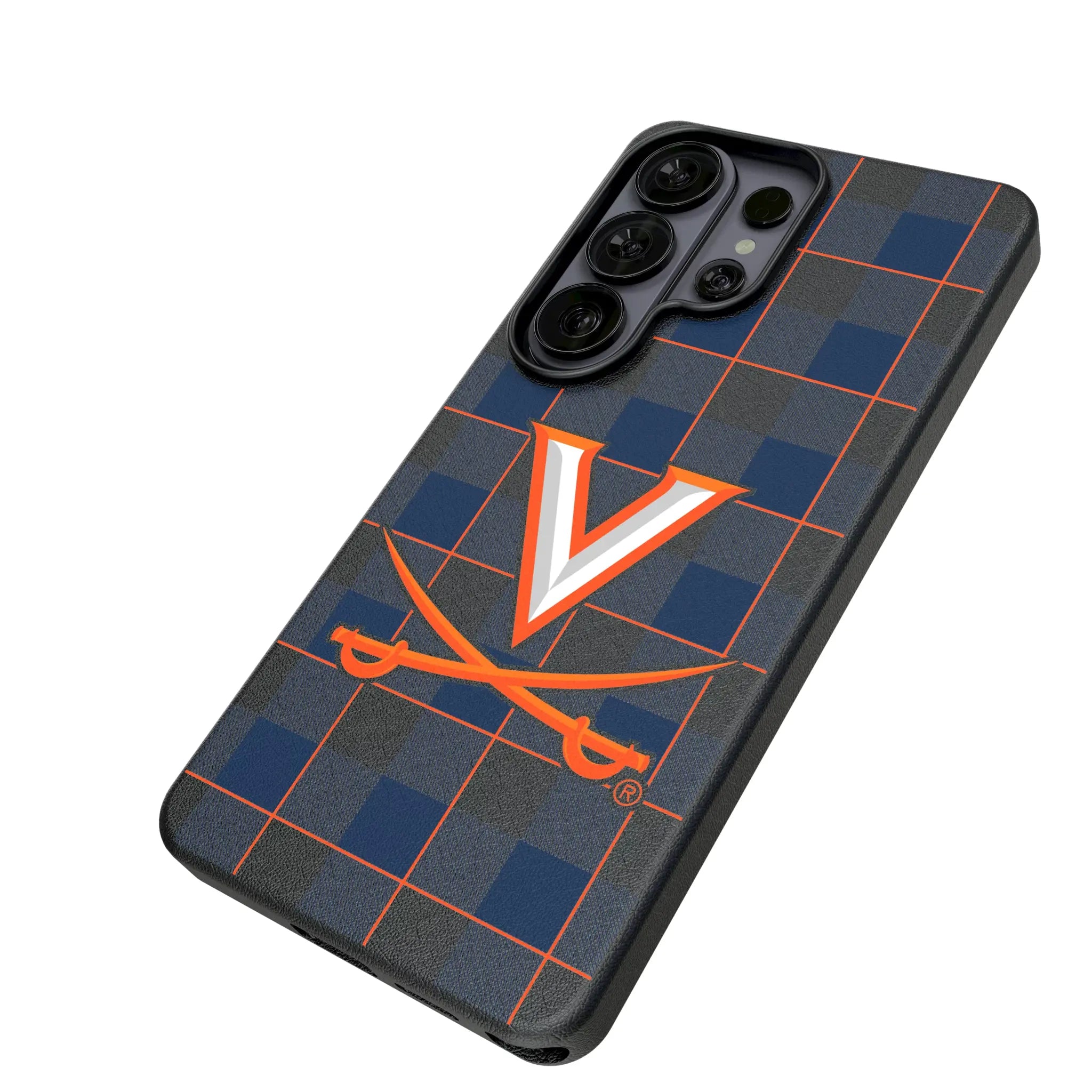 University of Virginia Cavaliers Plaid Galaxy MagSafe Compatible Phone Case for Samsung Galaxy - Isometric View#Device_Galaxy S26 Ultra