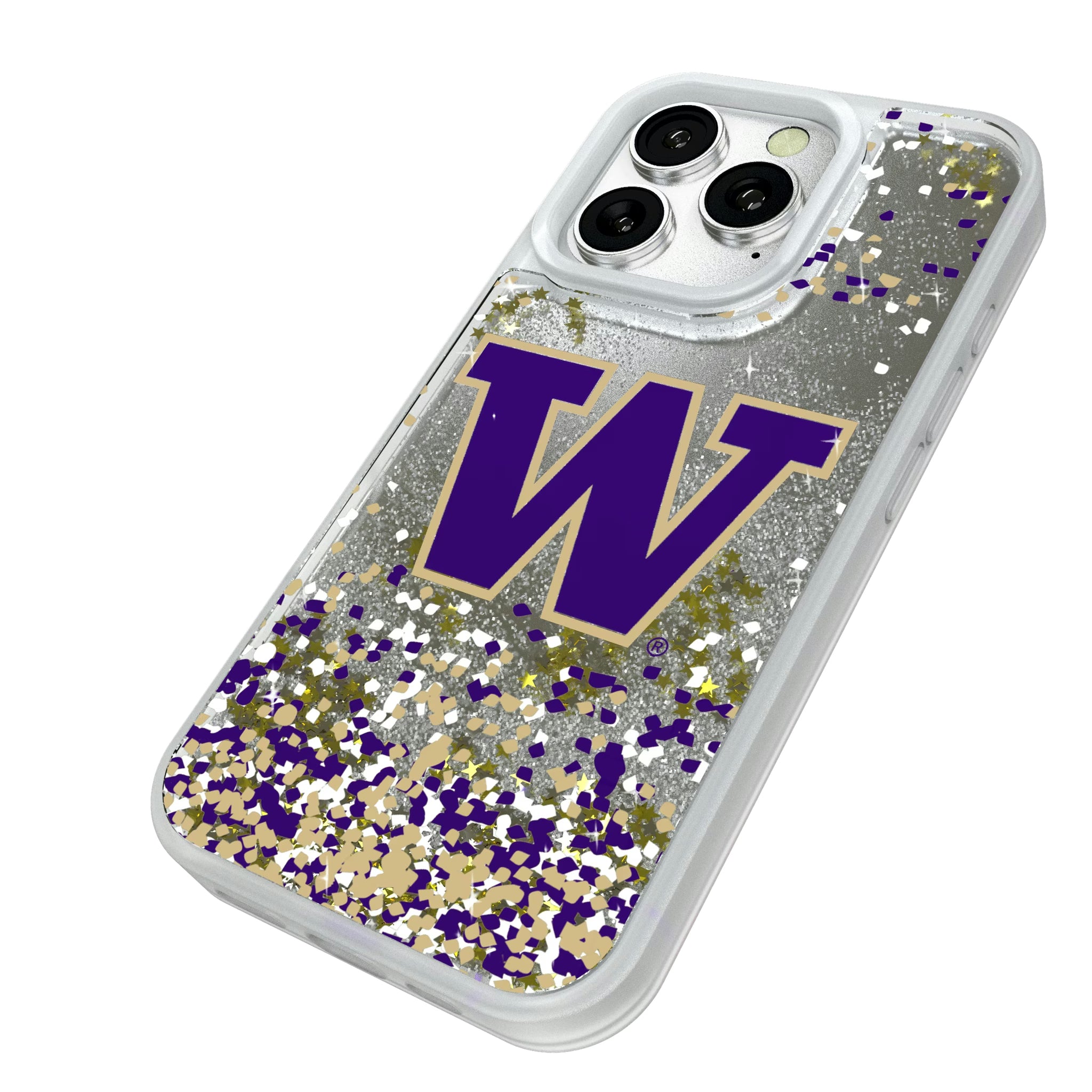 University of Washington Huskies Confetti iPhone Glitter Phone Case for Apple iPhone - Isometric View#Device_iPhone 16 Pro