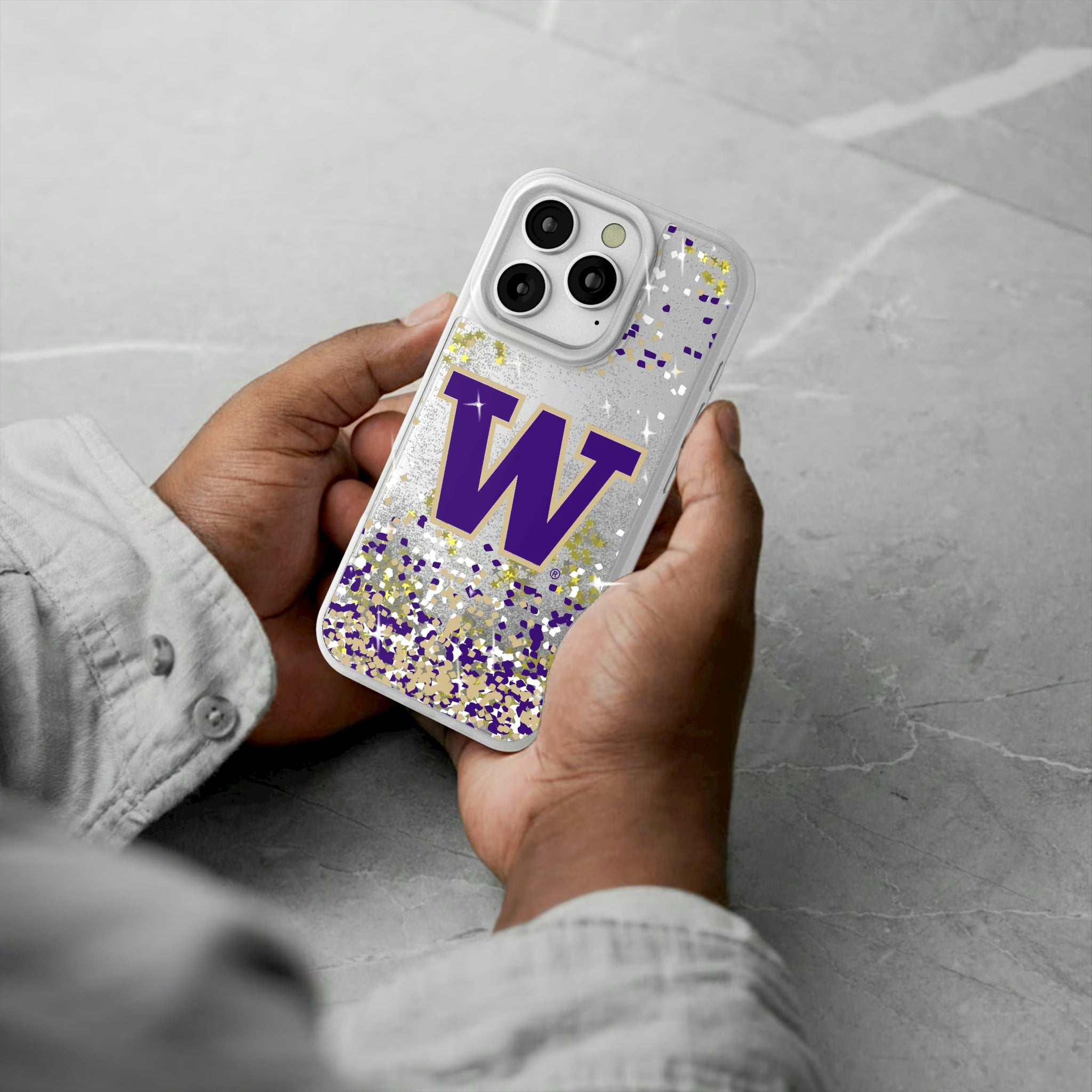 University of Washington Huskies Confetti iPhone Glitter Phone Case for Apple iPhone - Lifestyle#Device_iPhone 16 Pro