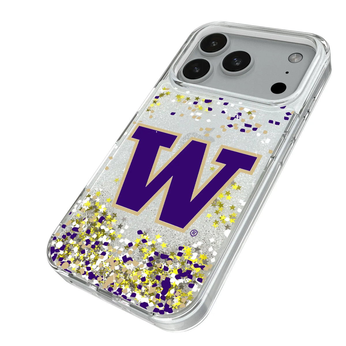 University of Washington Huskies Confetti iPhone Glitter Phone Case for Apple iPhone - Isometric View#Device_iPhone 18 Pro