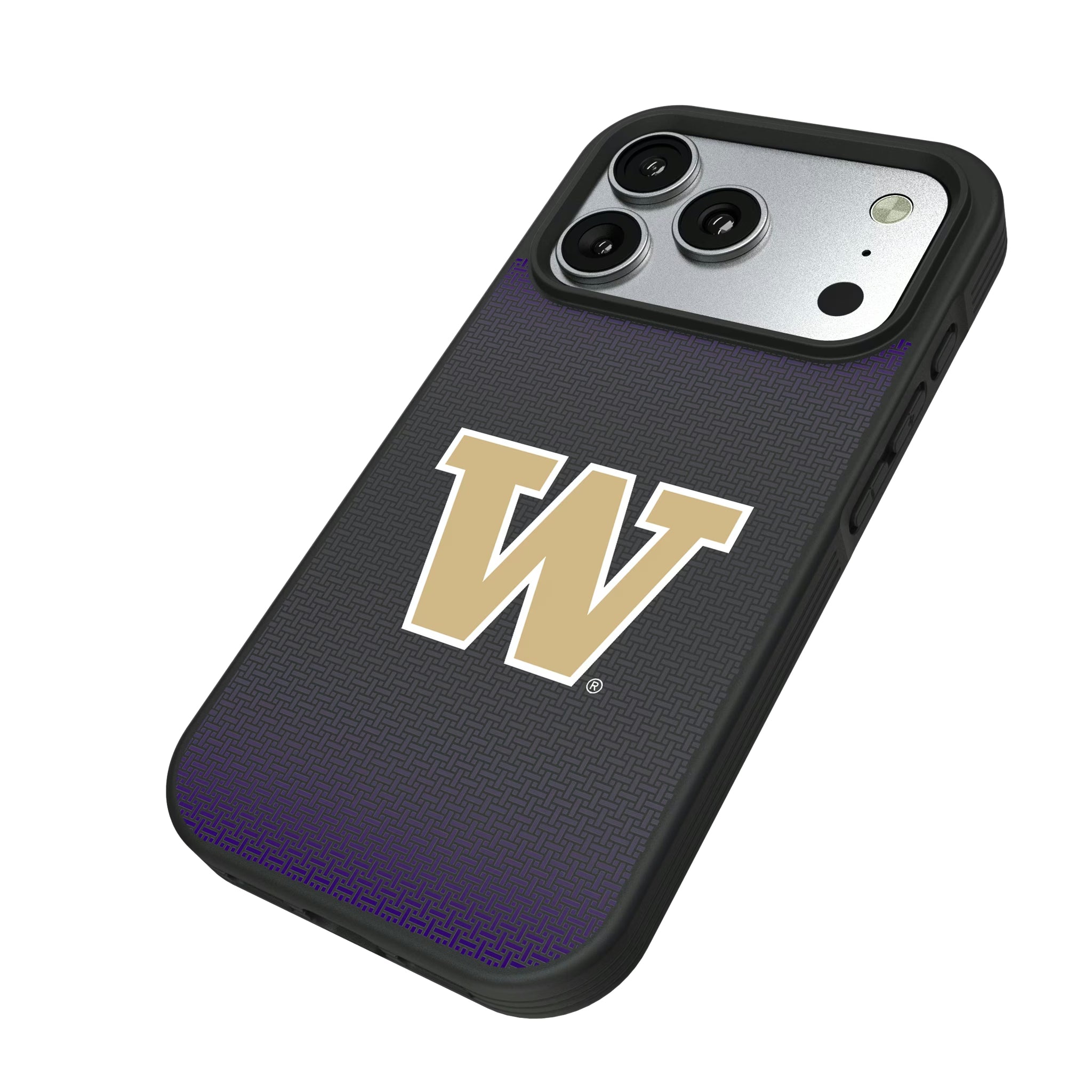 University of Washington Huskies Linen iPhone Bump Phone Case for Apple iPhone - Isometric View#Device_iPhone 17 Pro