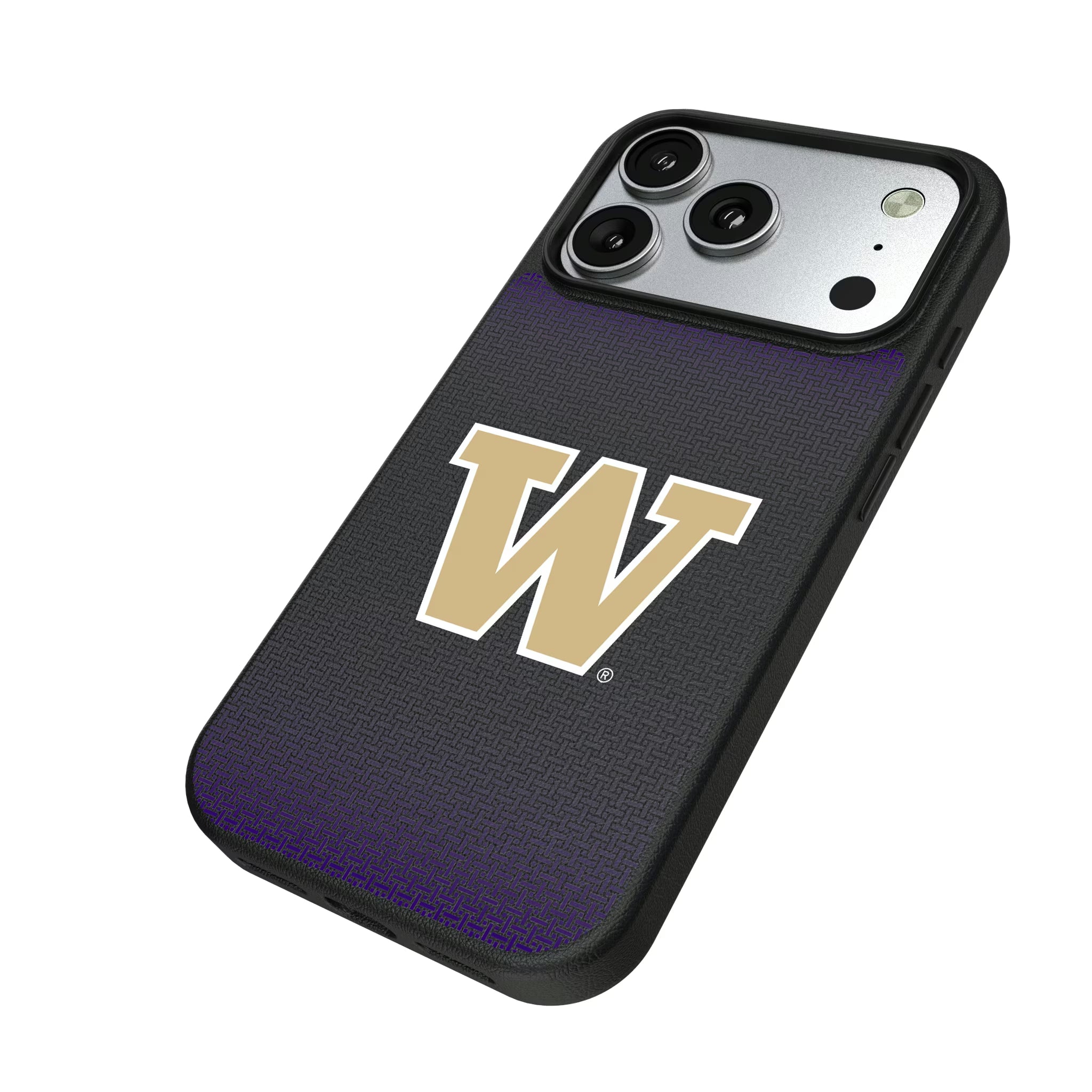 University of Washington Huskies Linen iPhone MagSafe Compatible Phone Case for Apple iPhone - Isometric View#Device_iPhone 17 Pro