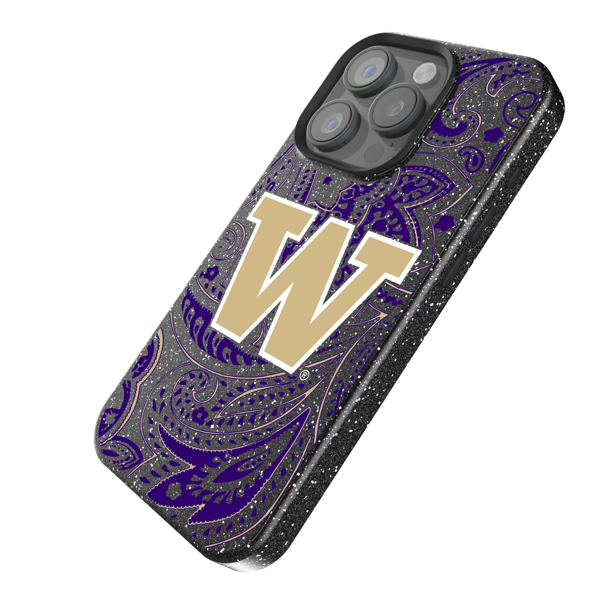 University of Washington Huskies Paisley iPhone Bling Phone Case for Apple iPhone - Isometric View