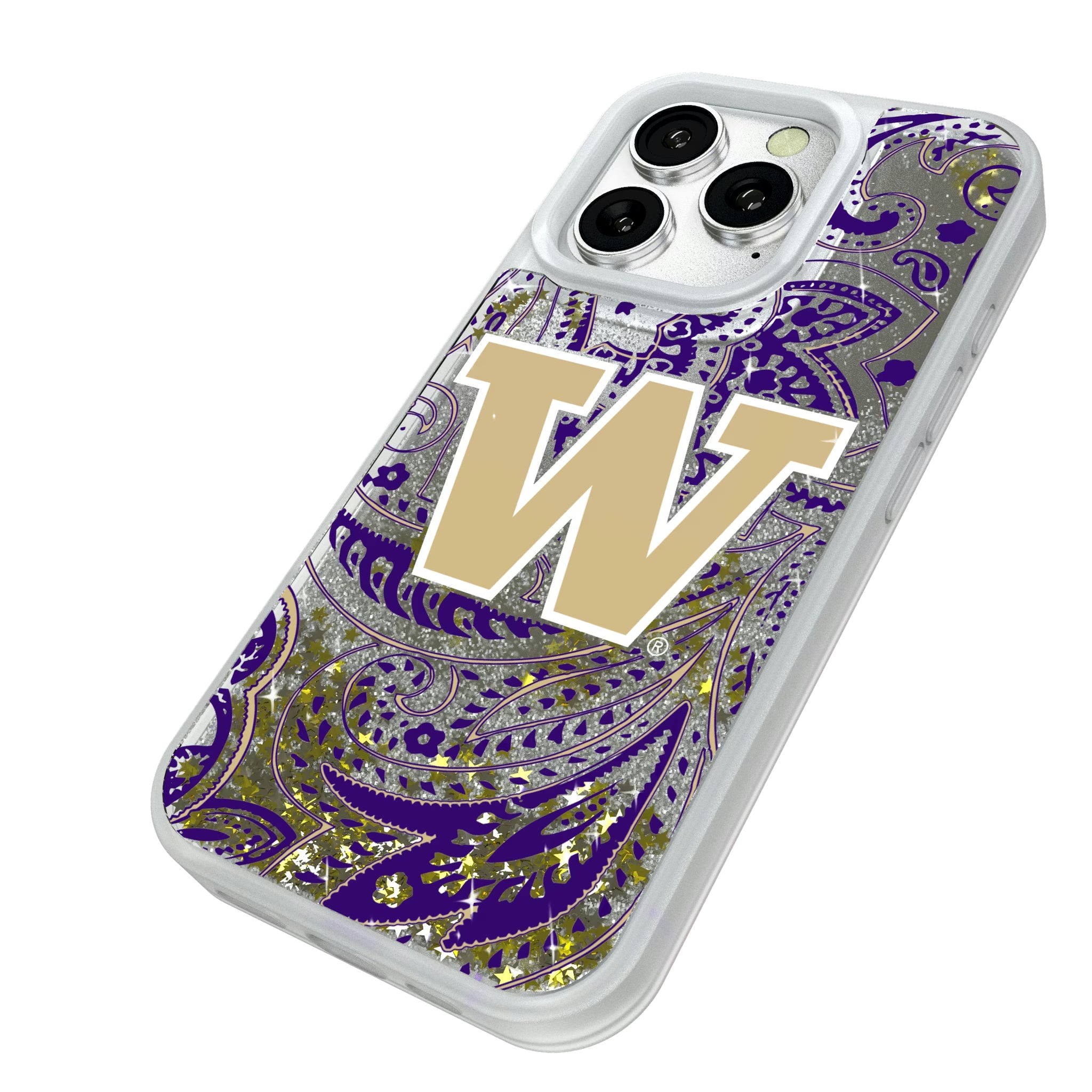 University of Washington Huskies Paisley iPhone Glitter Phone Case for Apple iPhone - Isometric View#Device_iPhone 16 Pro
