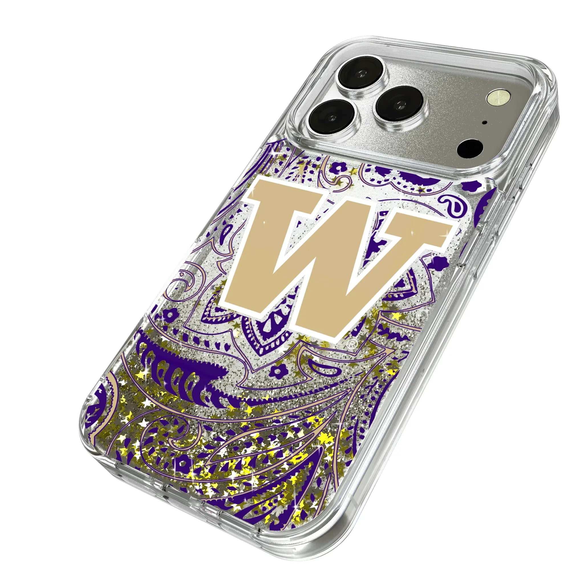 University of Washington Huskies Paisley iPhone Glitter Phone Case for Apple iPhone - Isometric View