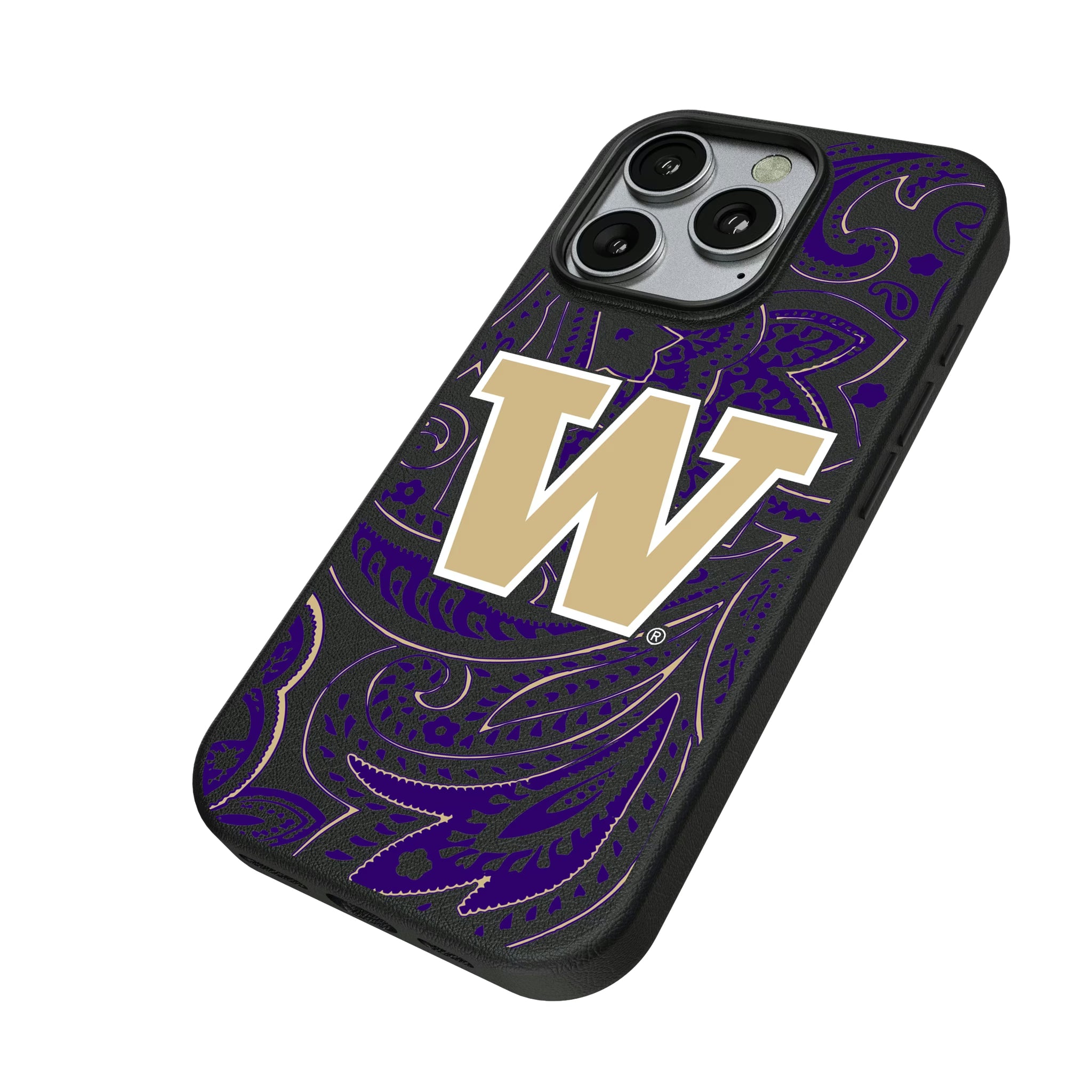 University of Washington Huskies Paisley iPhone MagSafe Compatible Phone Case for Apple iPhone - Isometric View