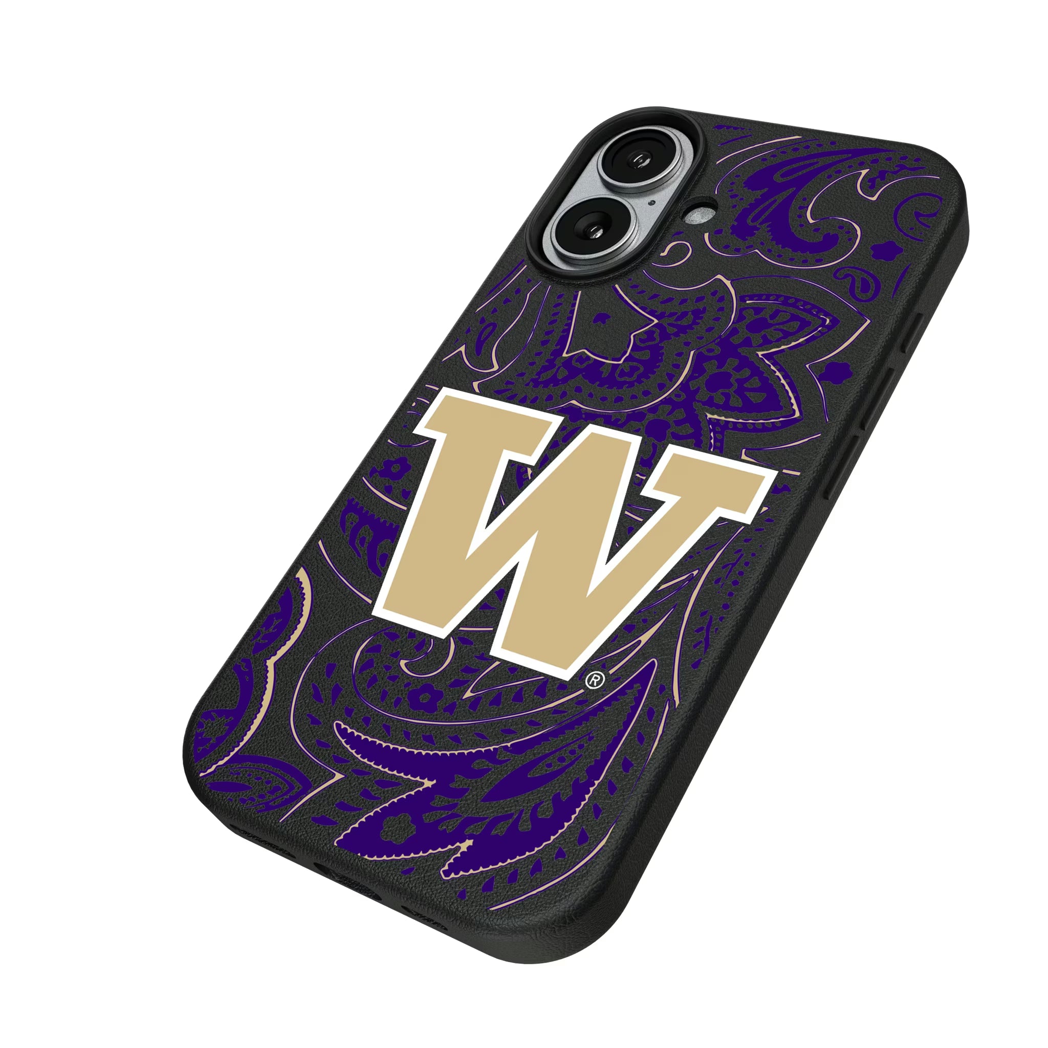 University of Washington Huskies Paisley iPhone MagSafe Compatible Phone Case for Apple iPhone - Isometric View#Device_iPhone 17