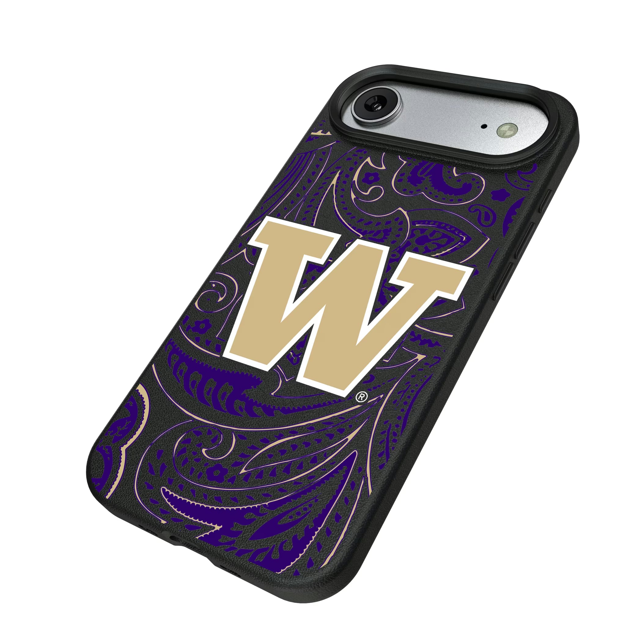 University of Washington Huskies Paisley iPhone MagSafe Compatible Phone Case for Apple iPhone - Isometric View#Device_iPhone Air