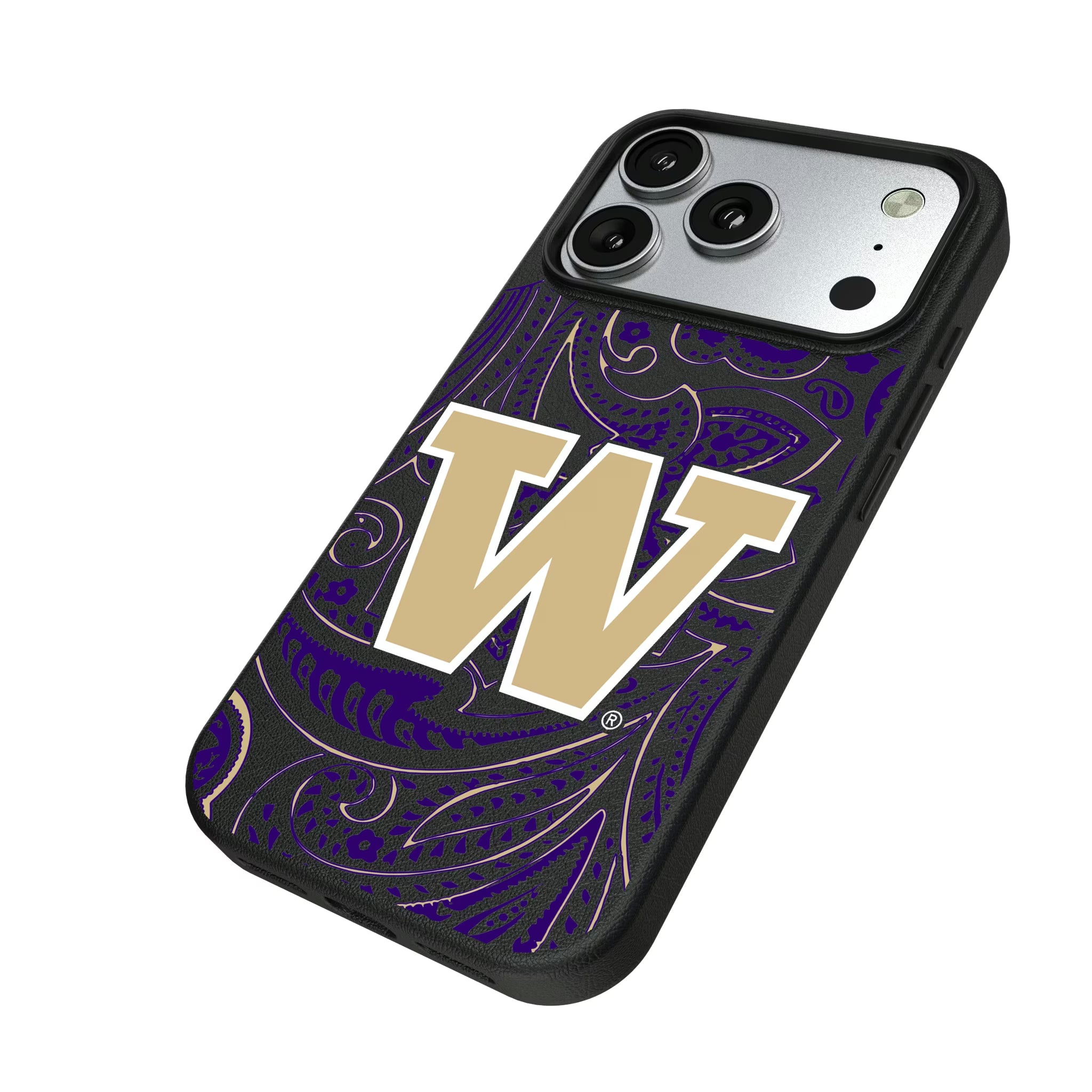 University of Washington Huskies Paisley iPhone MagSafe Compatible Phone Case for Apple iPhone - Isometric View#Device_iPhone 17 Pro