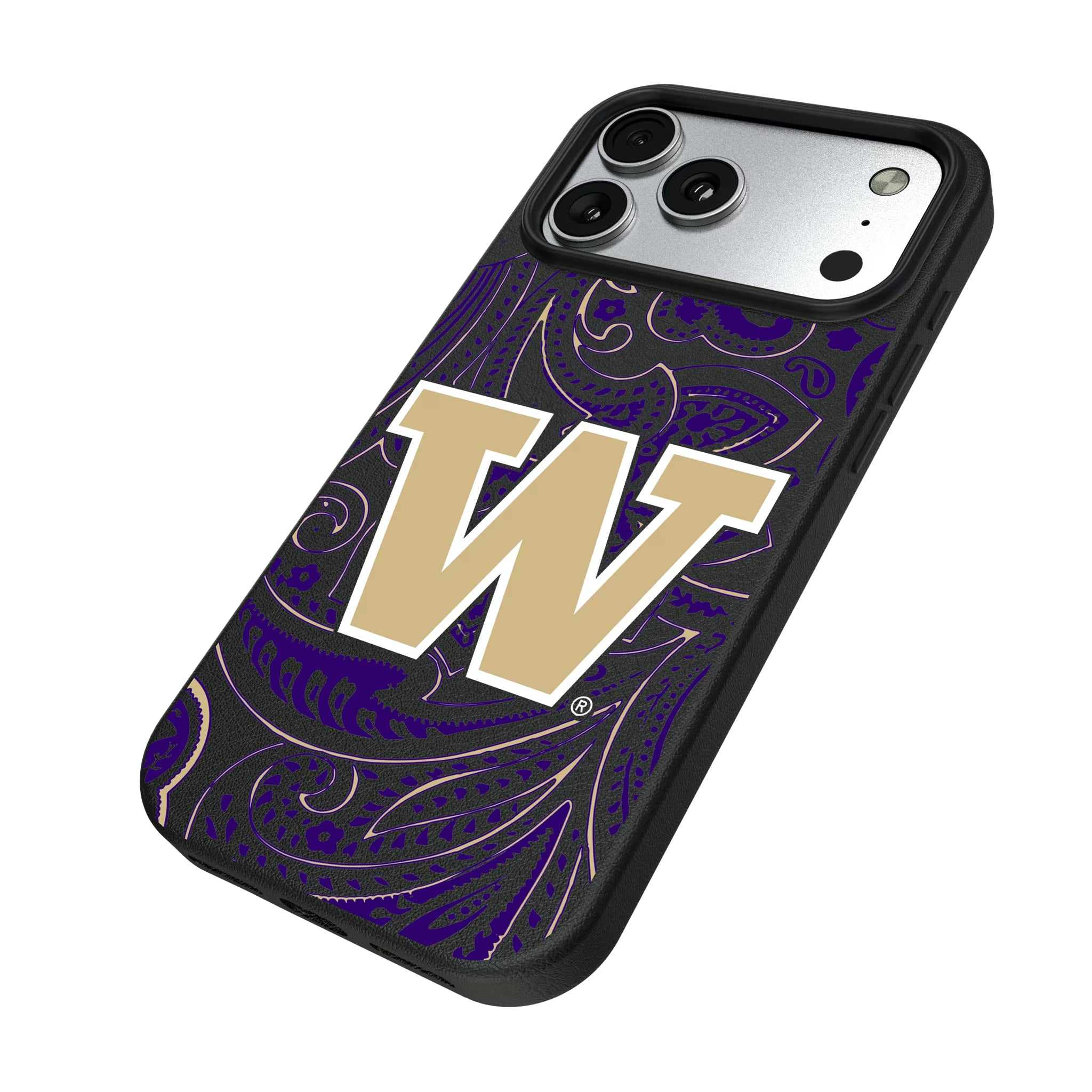 University of Washington Huskies Paisley iPhone MagSafe Compatible Phone Case for Apple iPhone - Isometric View#Device_iPhone 17 Pro Max