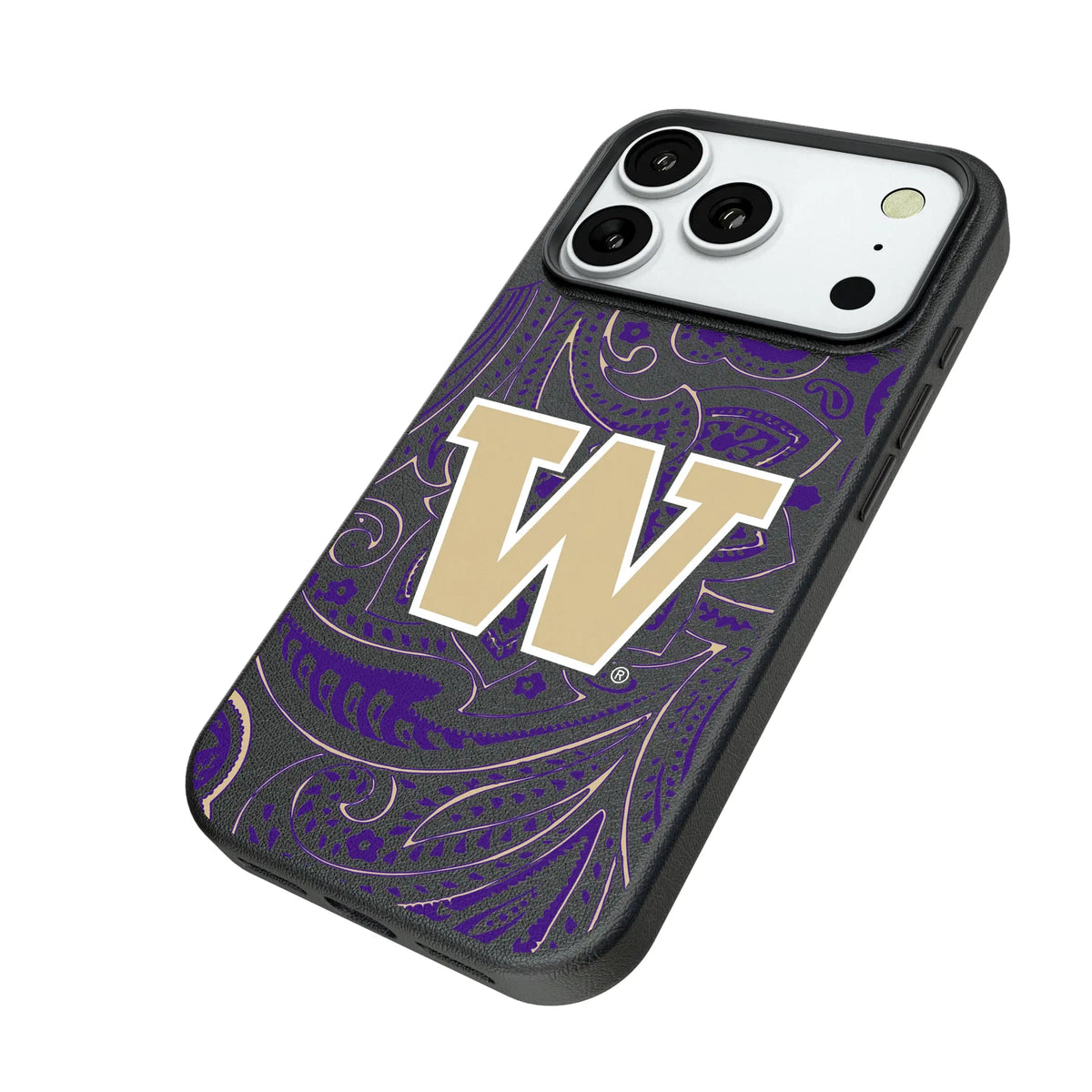 University of Washington Huskies Paisley iPhone MagSafe Compatible Phone Case for Apple iPhone - Isometric View#Device_iPhone 18 Pro