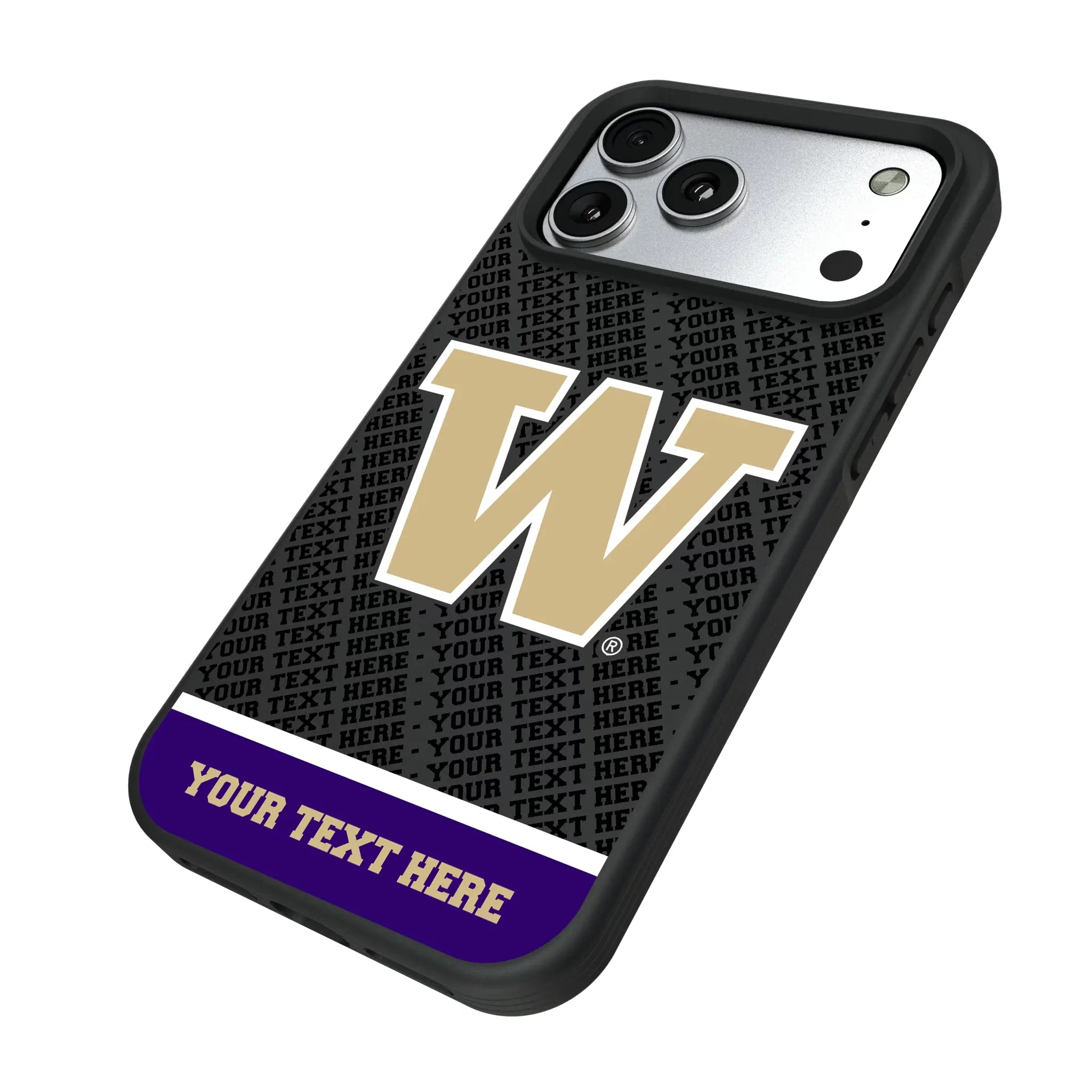 University of Washington Huskies Personalized EndZone Plus iPhone Bump Phone Case for Apple iPhone - Isometric View#Device_iPhone 17 Pro Max