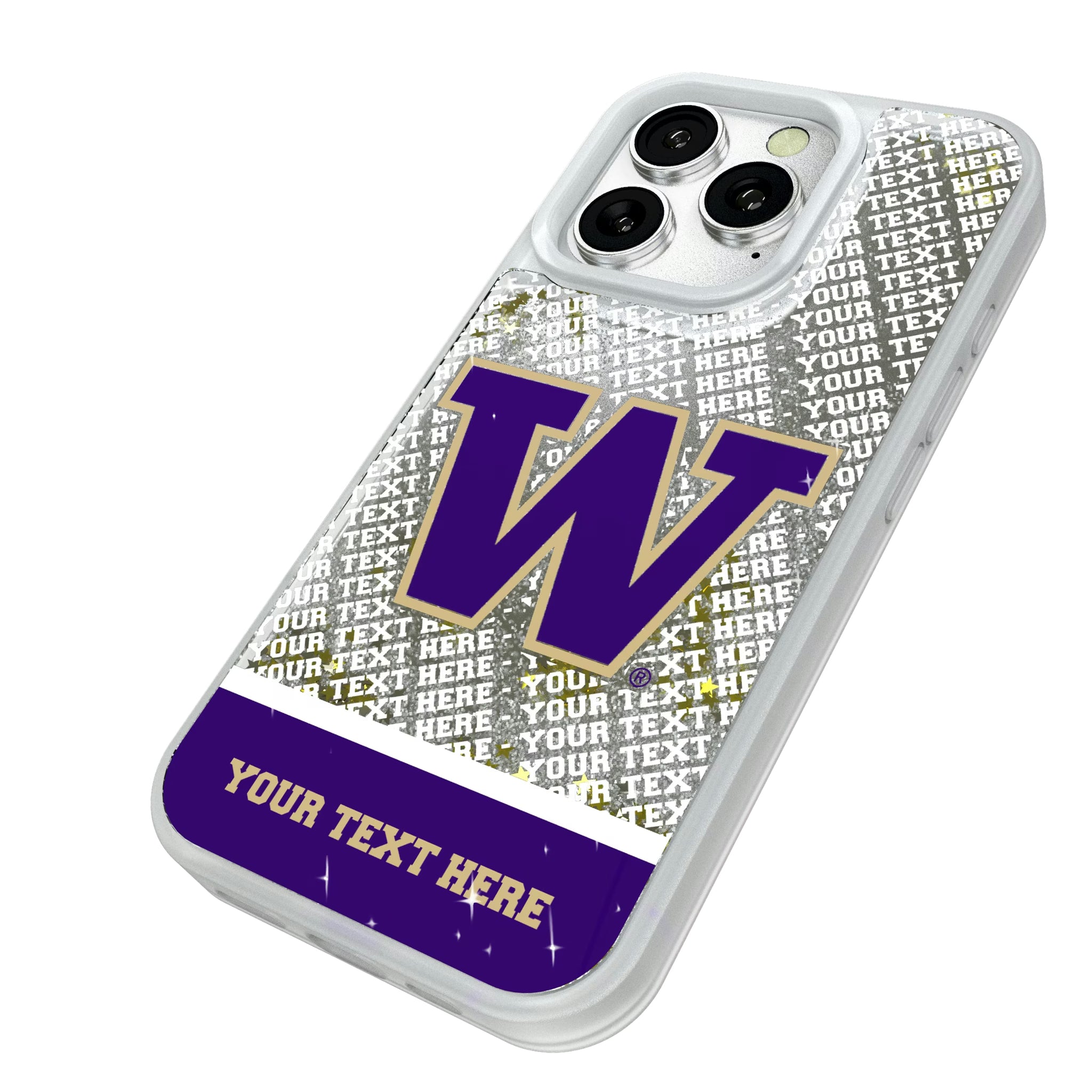 University of Washington Huskies Personalized EndZone Plus iPhone Glitter Phone Case for Apple iPhone - Isometric View#Device_iPhone 16 Pro