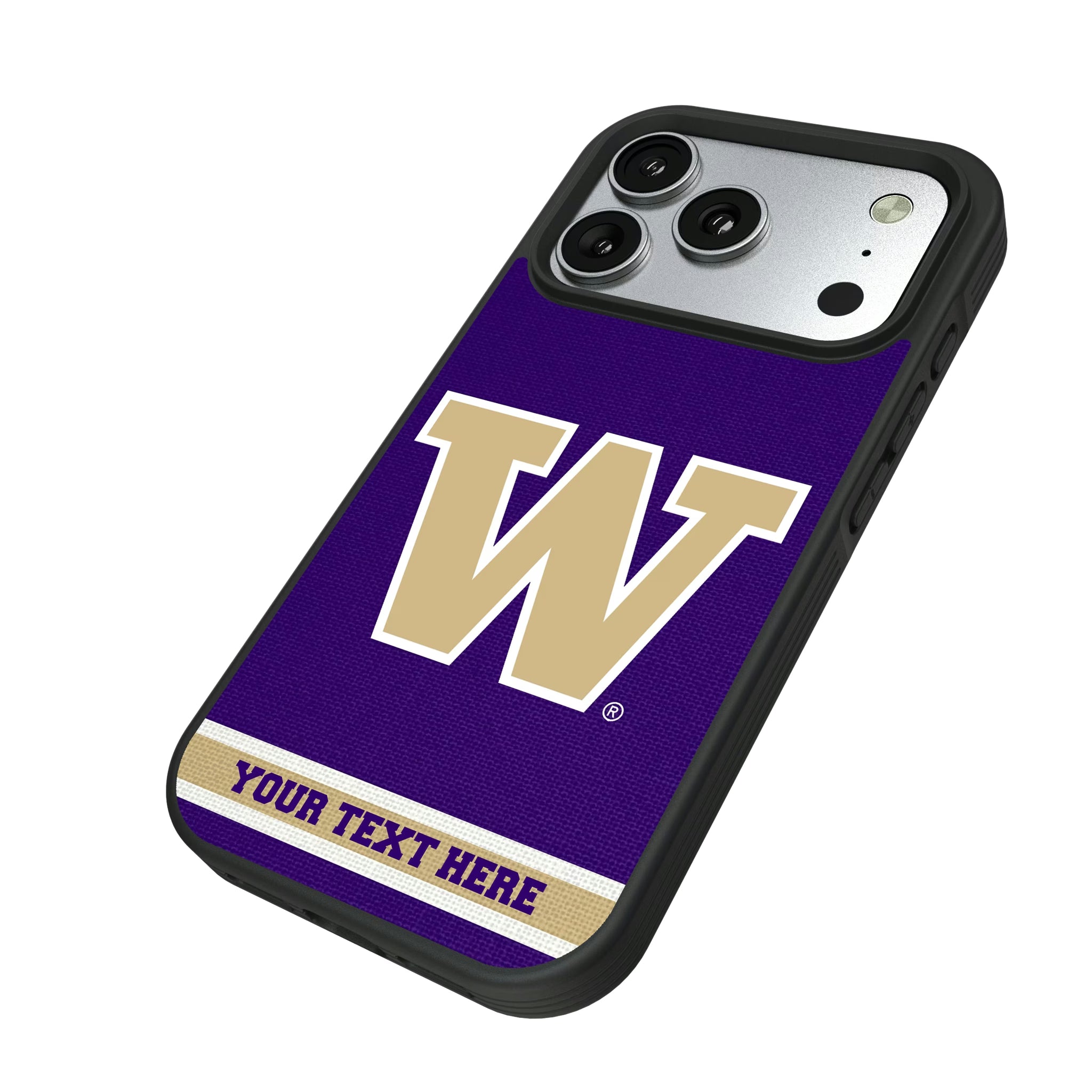University of Washington Huskies Personalized Stripe iPhone Bump Phone Case for Apple iPhone - Isometric View#Device_iPhone 17 Pro
