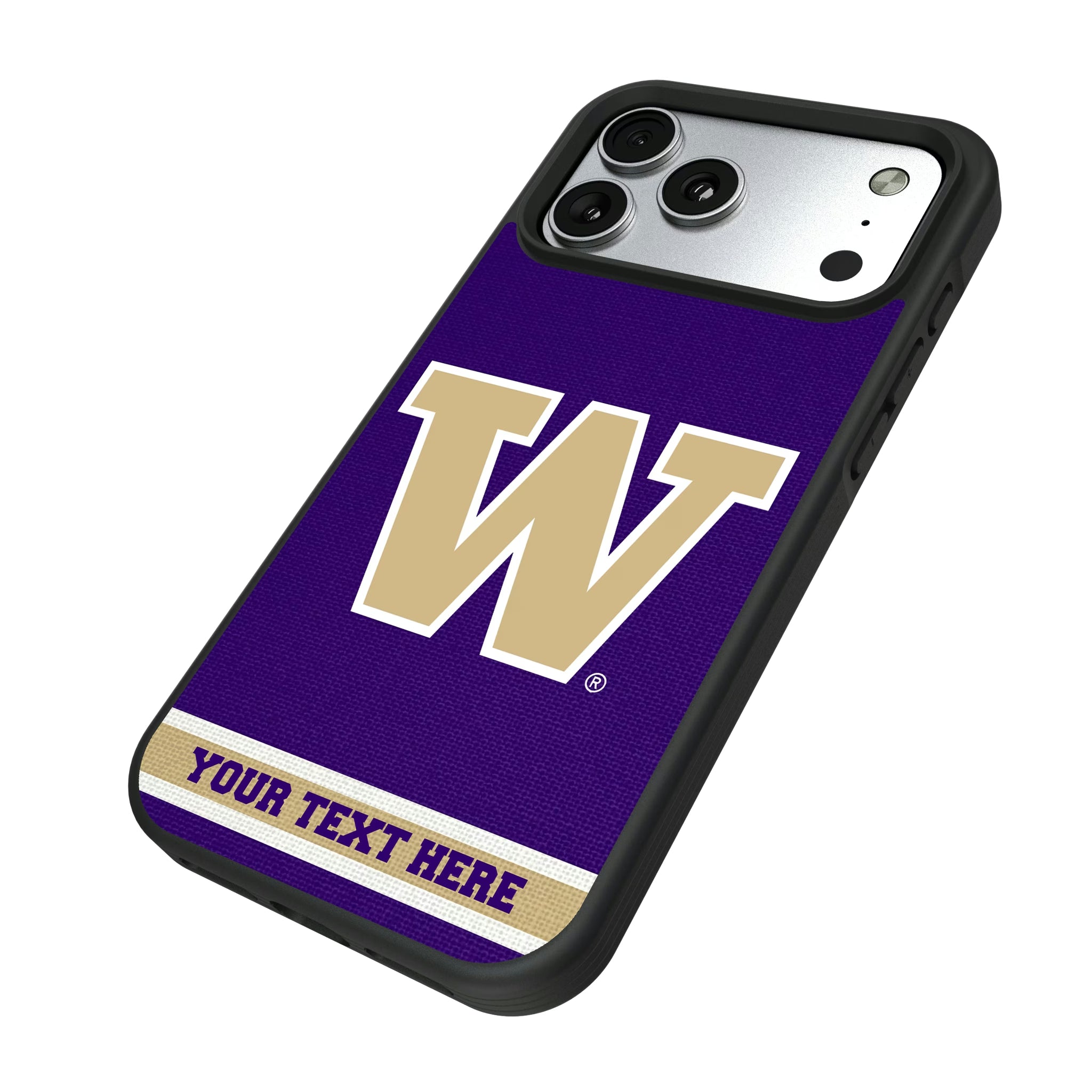University of Washington Huskies Personalized Stripe iPhone Bump Phone Case for Apple iPhone - Isometric View#Device_iPhone 17 Pro Max