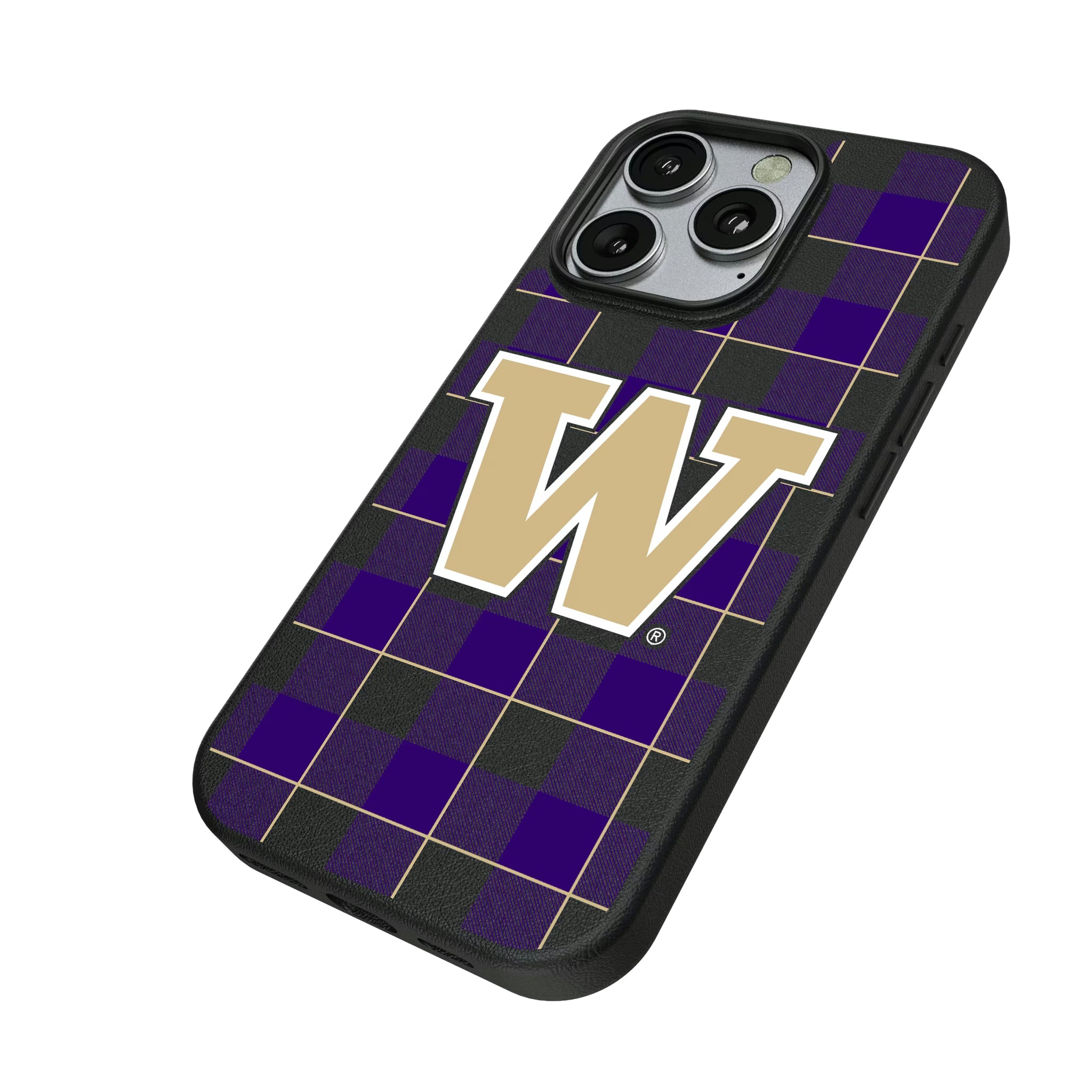 University of Washington Huskies Plaid iPhone MagSafe Compatible Phone Case for Apple iPhone - Isometric View