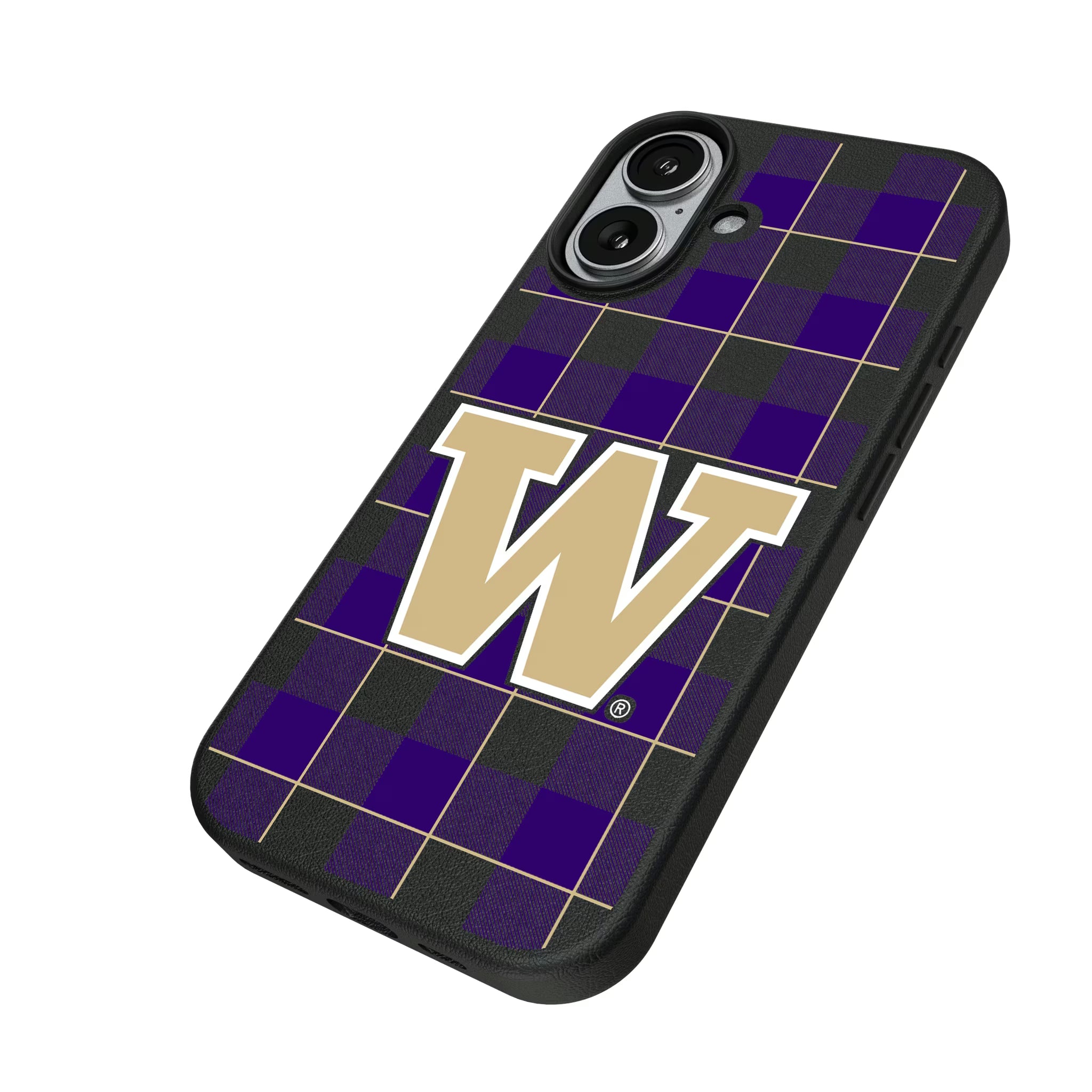 University of Washington Huskies Plaid iPhone MagSafe Compatible Phone Case for Apple iPhone - Isometric View#Device_iPhone 17