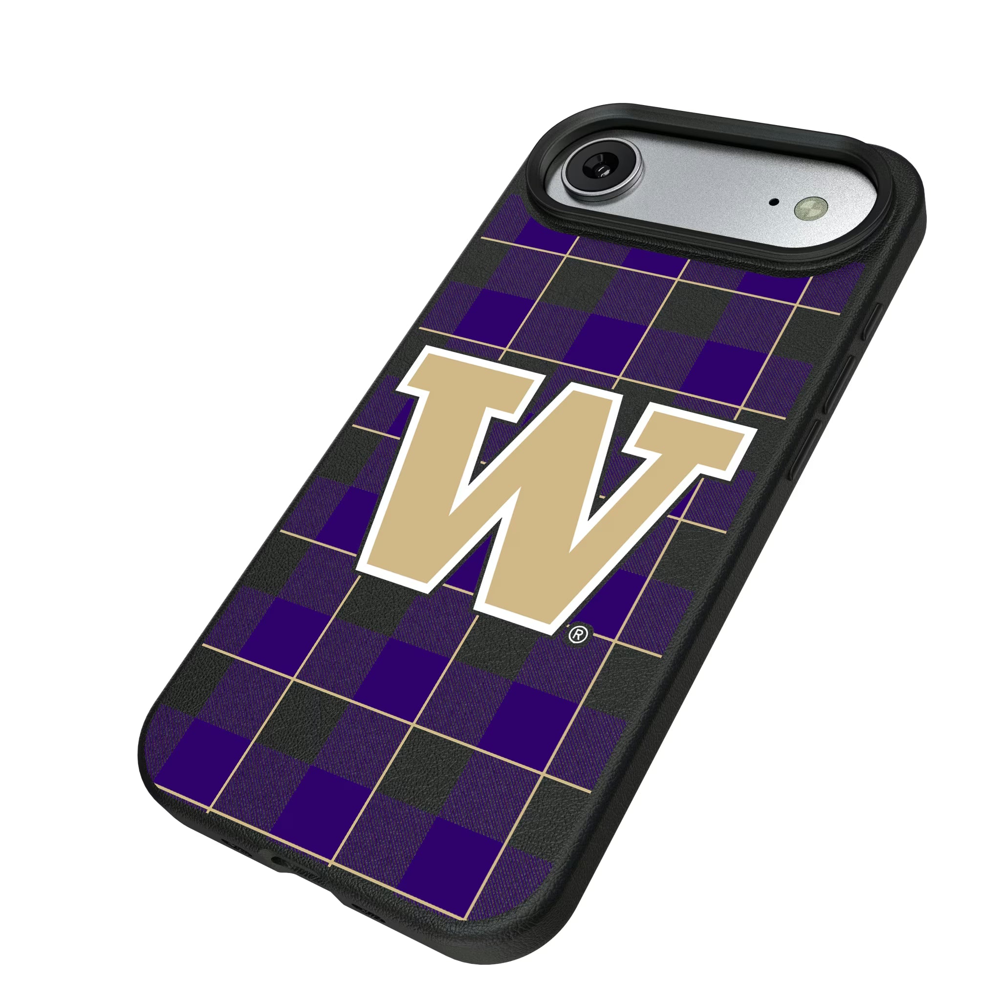 University of Washington Huskies Plaid iPhone MagSafe Compatible Phone Case for Apple iPhone - Isometric View#Device_iPhone Air