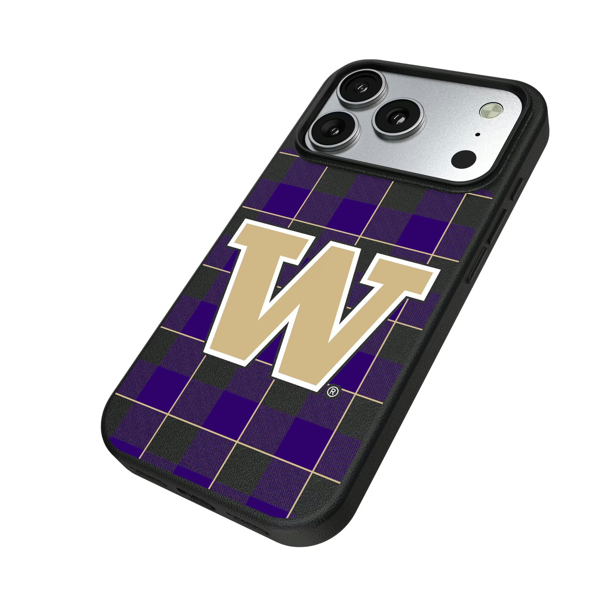 University of Washington Huskies Plaid iPhone MagSafe Compatible Phone Case for Apple iPhone - Isometric View#Device_iPhone 17 Pro