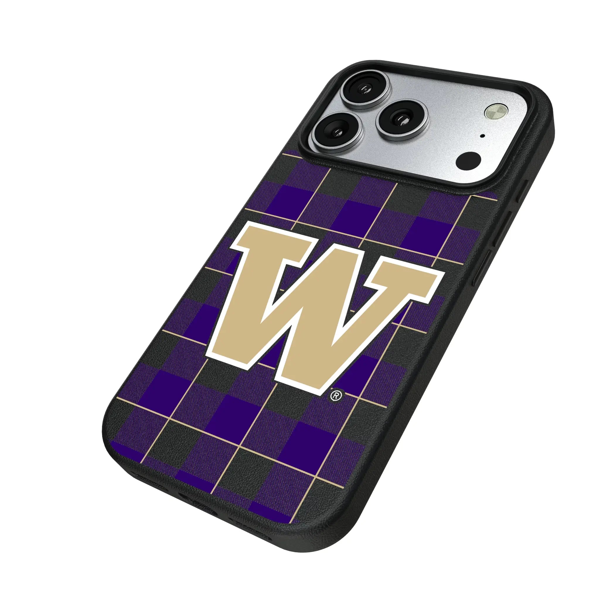 University of Washington Huskies Plaid iPhone MagSafe Compatible Phone Case for Apple iPhone - Isometric View#Device_iPhone 17 Pro