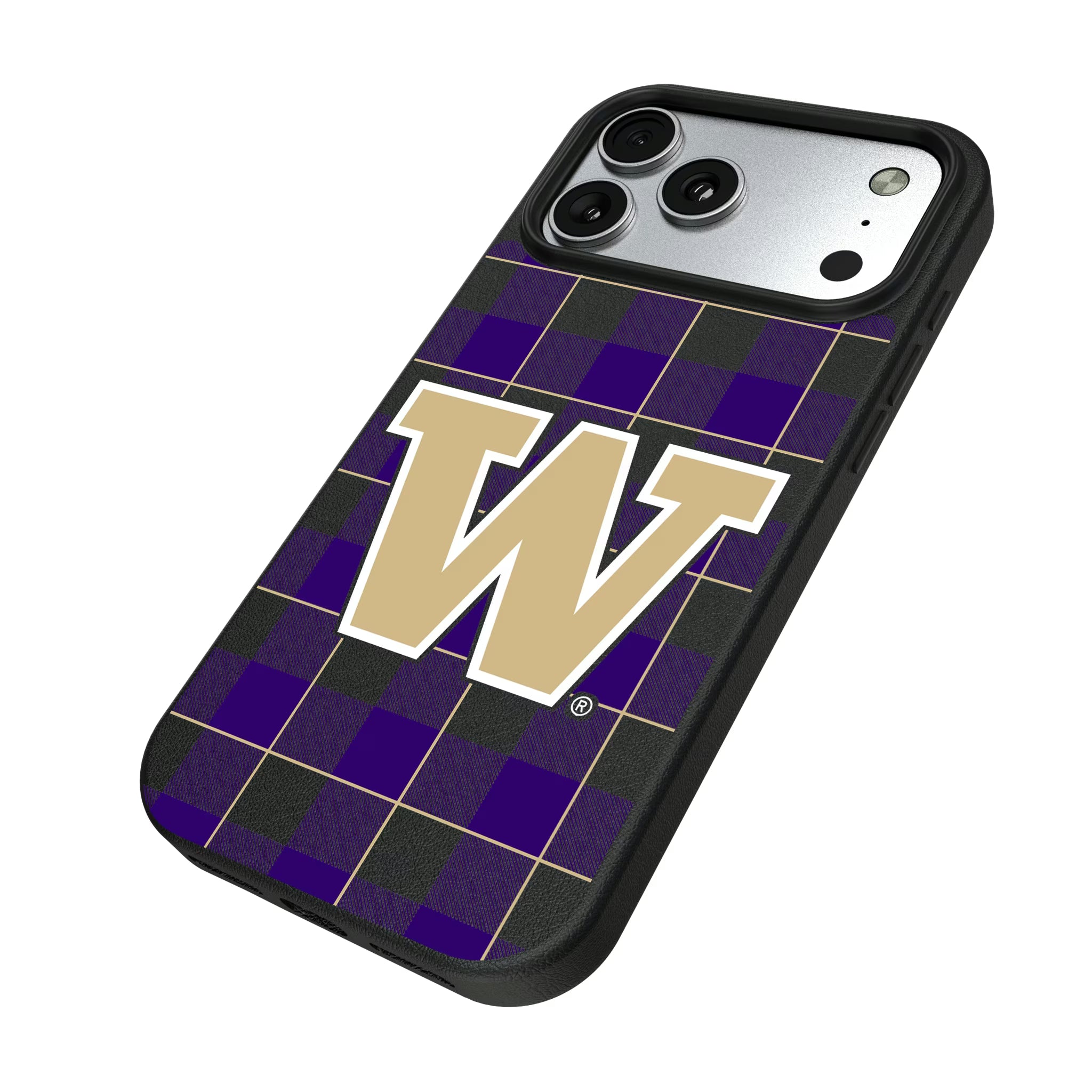 University of Washington Huskies Plaid iPhone MagSafe Compatible Phone Case for Apple iPhone - Isometric View#Device_iPhone 17 Pro Max