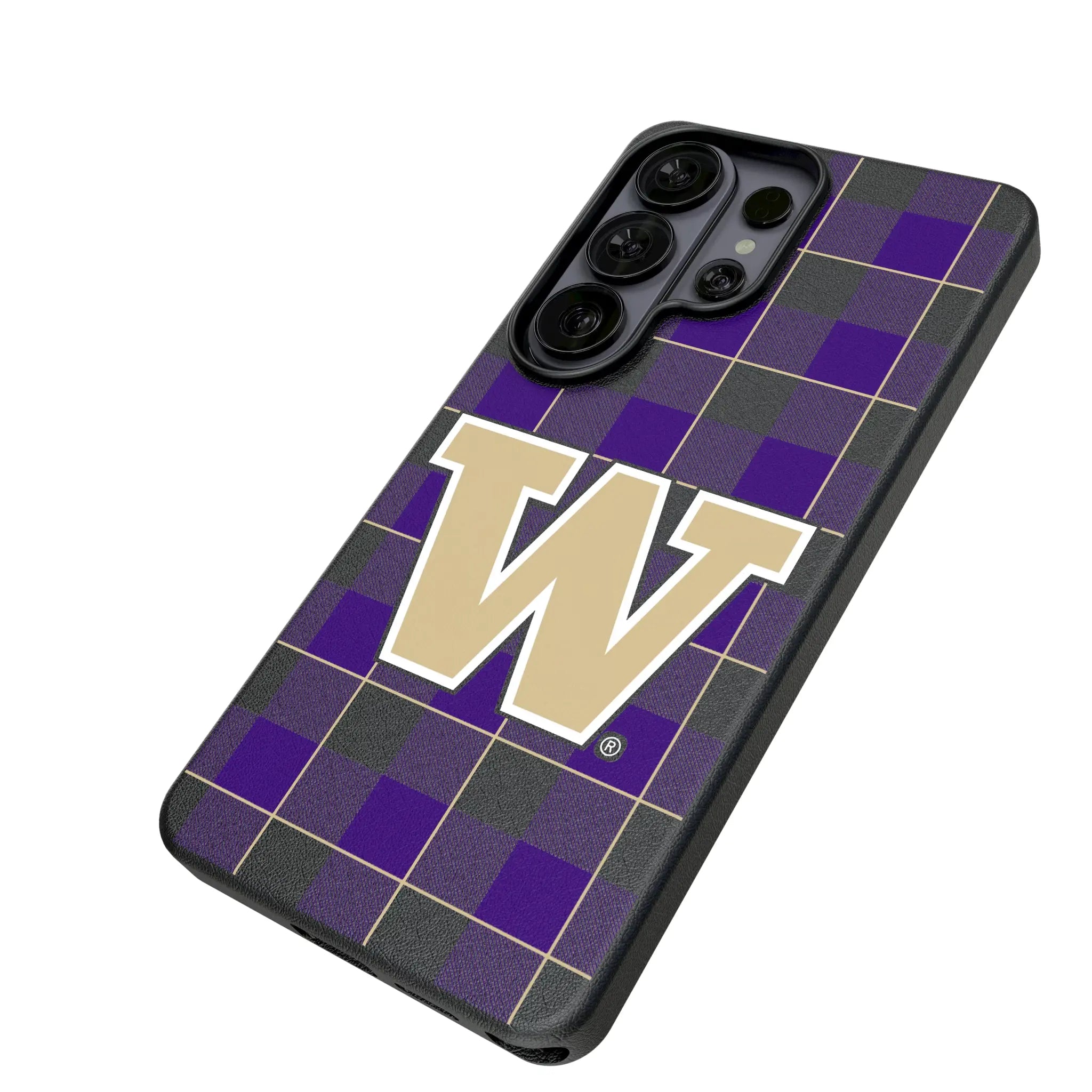 University of Washington Huskies Plaid Galaxy MagSafe Compatible Phone Case for Samsung Galaxy - Isometric View#Device_Galaxy S26 Ultra
