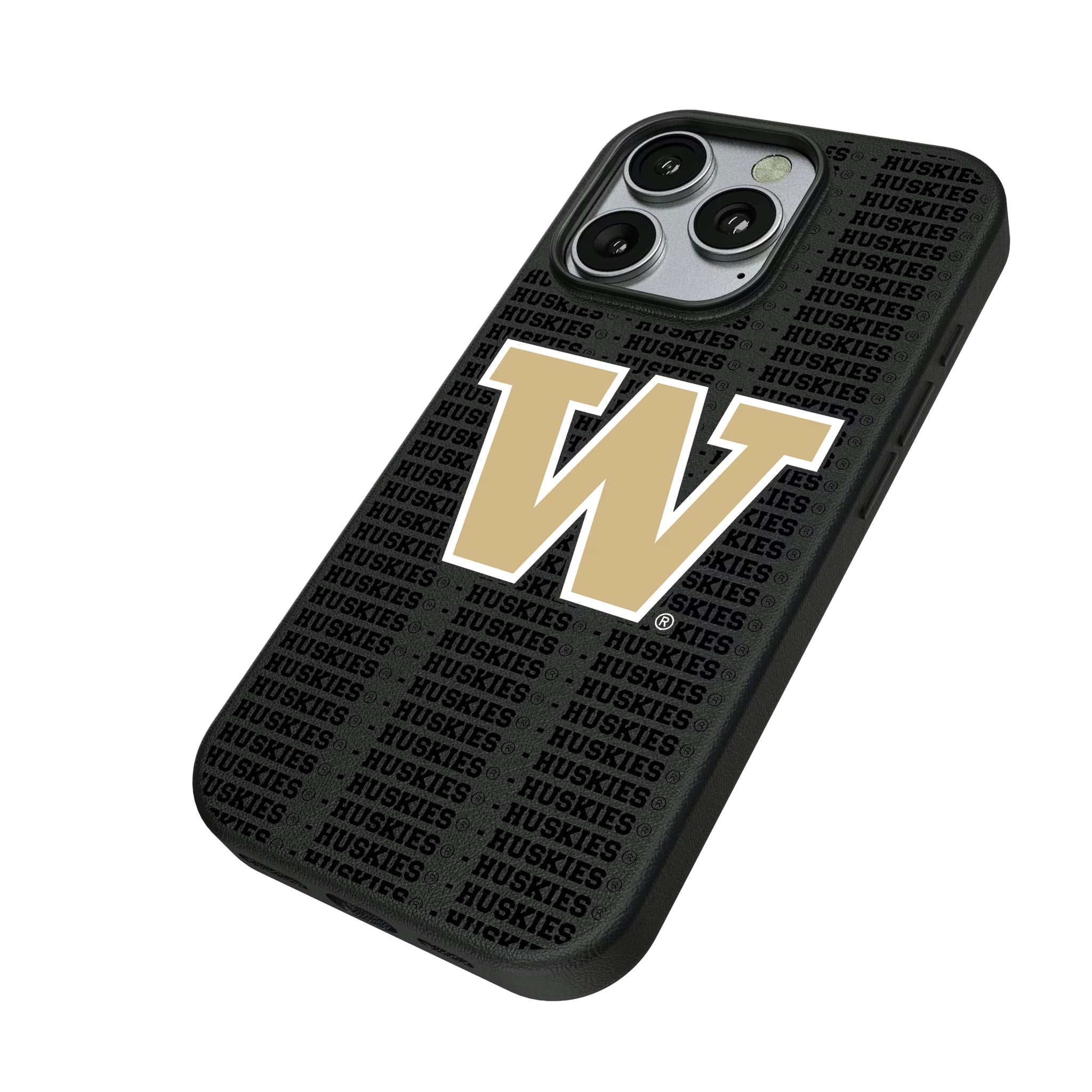 University of Washington Huskies Text Backdrop iPhone MagSafe Compatible Phone Case for Apple iPhone - Isometric View