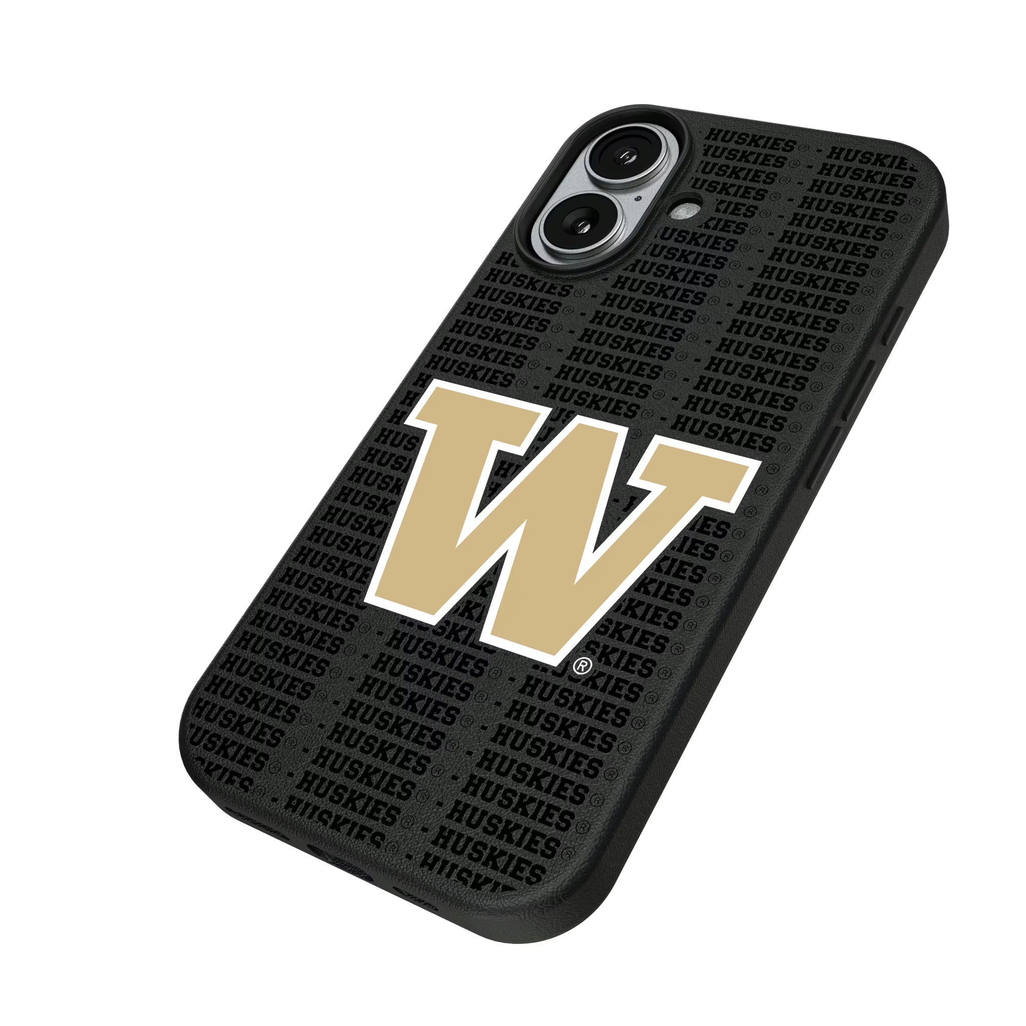 University of Washington Huskies Text Backdrop iPhone MagSafe Compatible Phone Case for Apple iPhone - Isometric View#Device_iPhone 17