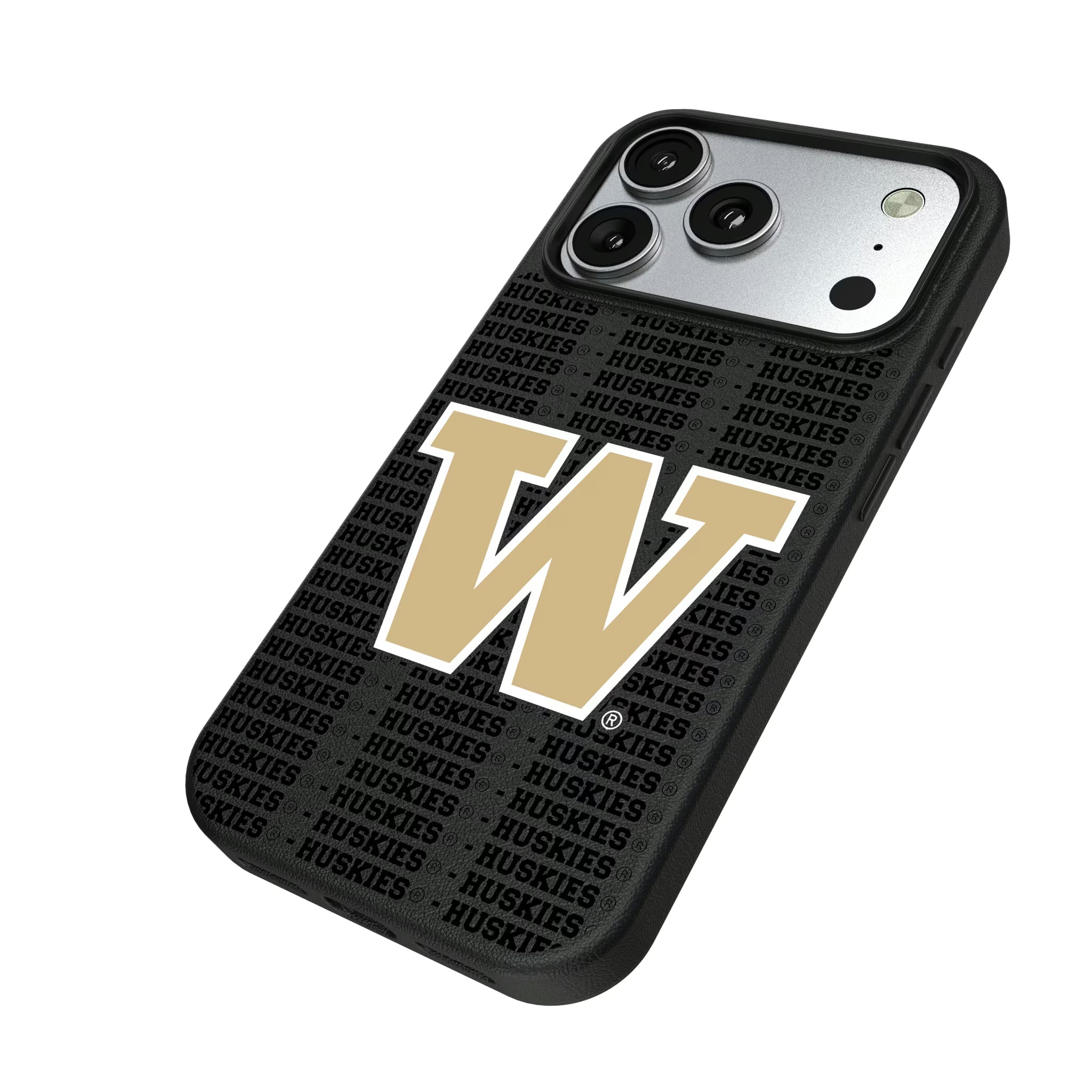 University of Washington Huskies Text Backdrop iPhone MagSafe Compatible Phone Case for Apple iPhone - Isometric View#Device_iPhone 17 Pro