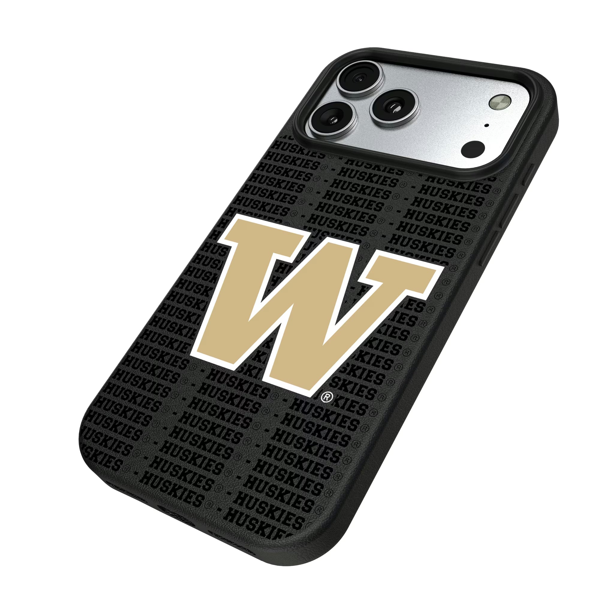 University of Washington Huskies Text Backdrop iPhone MagSafe Compatible Phone Case for Apple iPhone - Isometric View#Device_iPhone 17 Pro Max