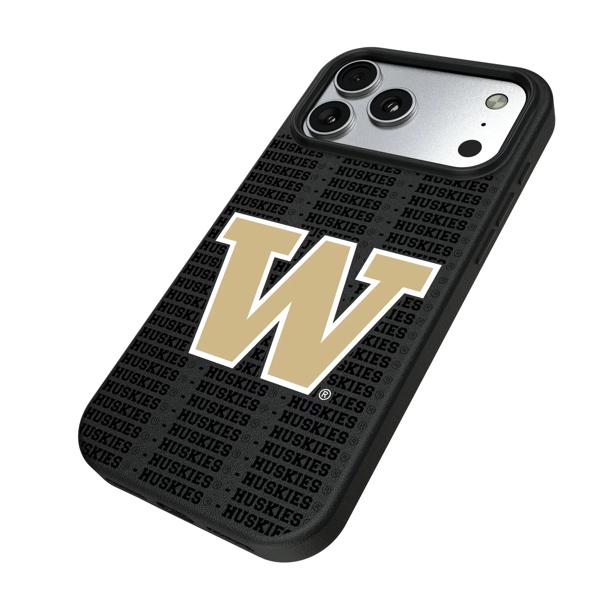University of Washington Huskies Text Backdrop iPhone MagSafe Compatible Phone Case for Apple iPhone - Isometric View#Device_iPhone 17 Pro Max