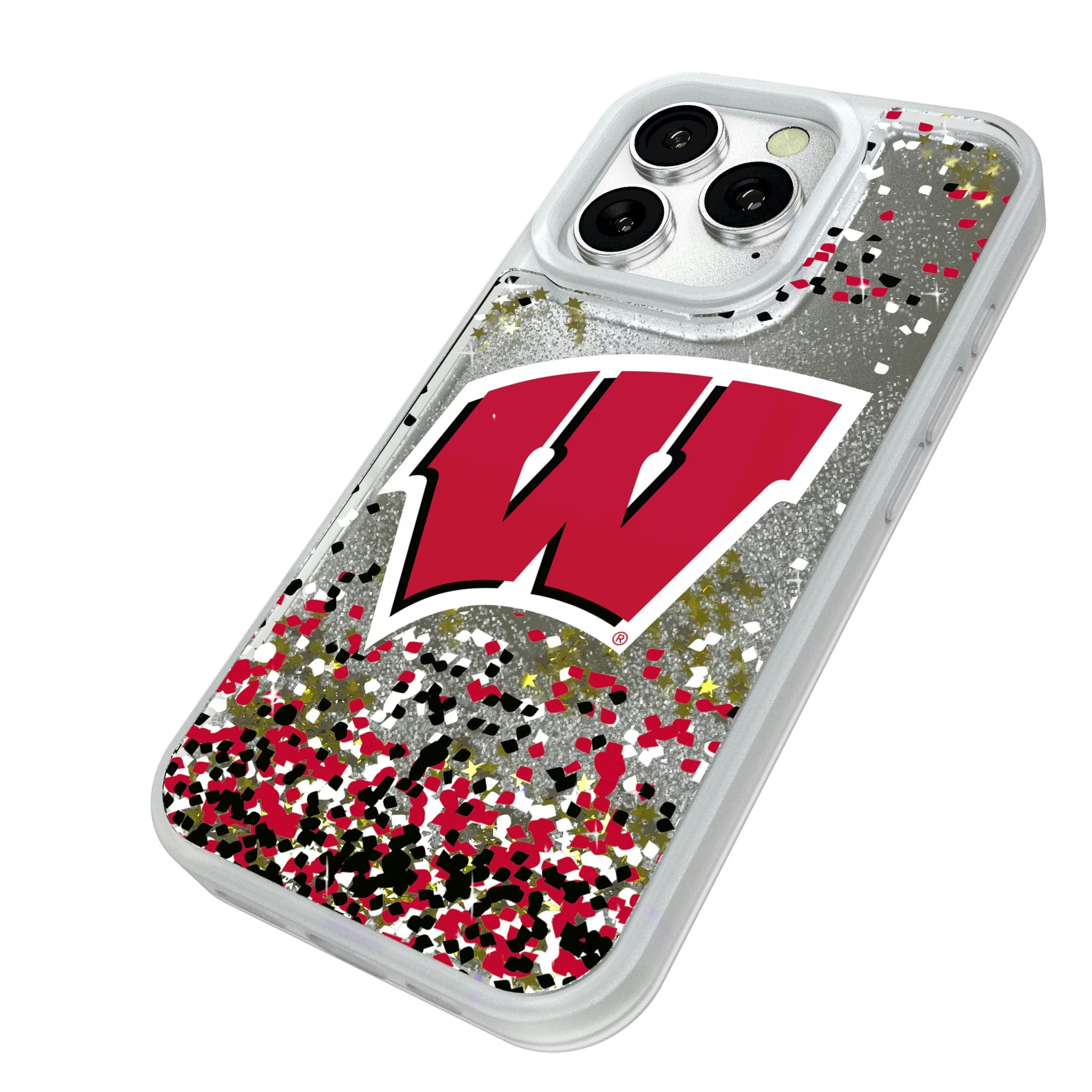 University of Wisconsin Badgers Confetti iPhone Glitter Phone Case for Apple iPhone - Isometric View#Device_iPhone 16 Pro