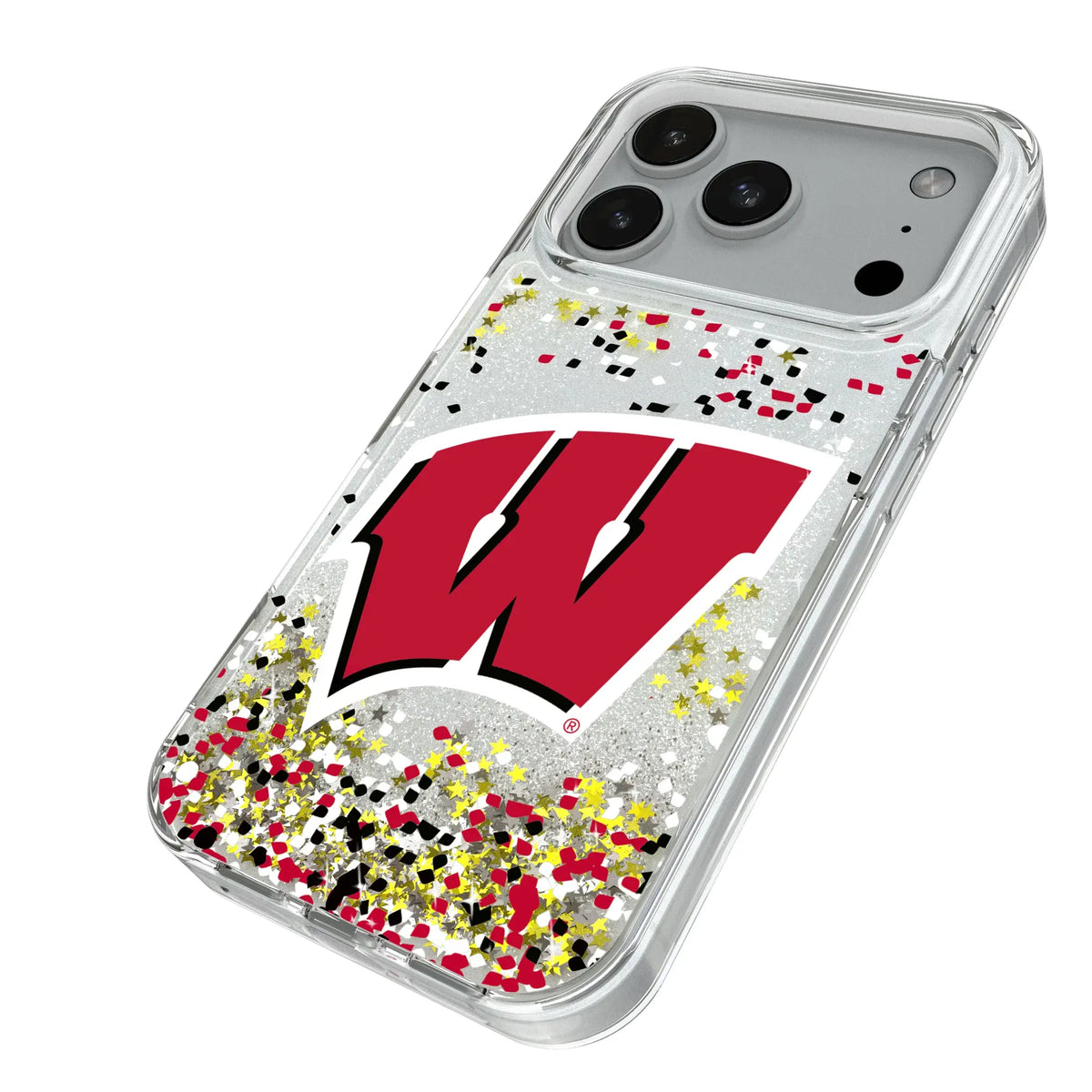 University of Wisconsin Badgers Confetti iPhone Glitter Phone Case for Apple iPhone - Isometric View#Device_iPhone 18 Pro