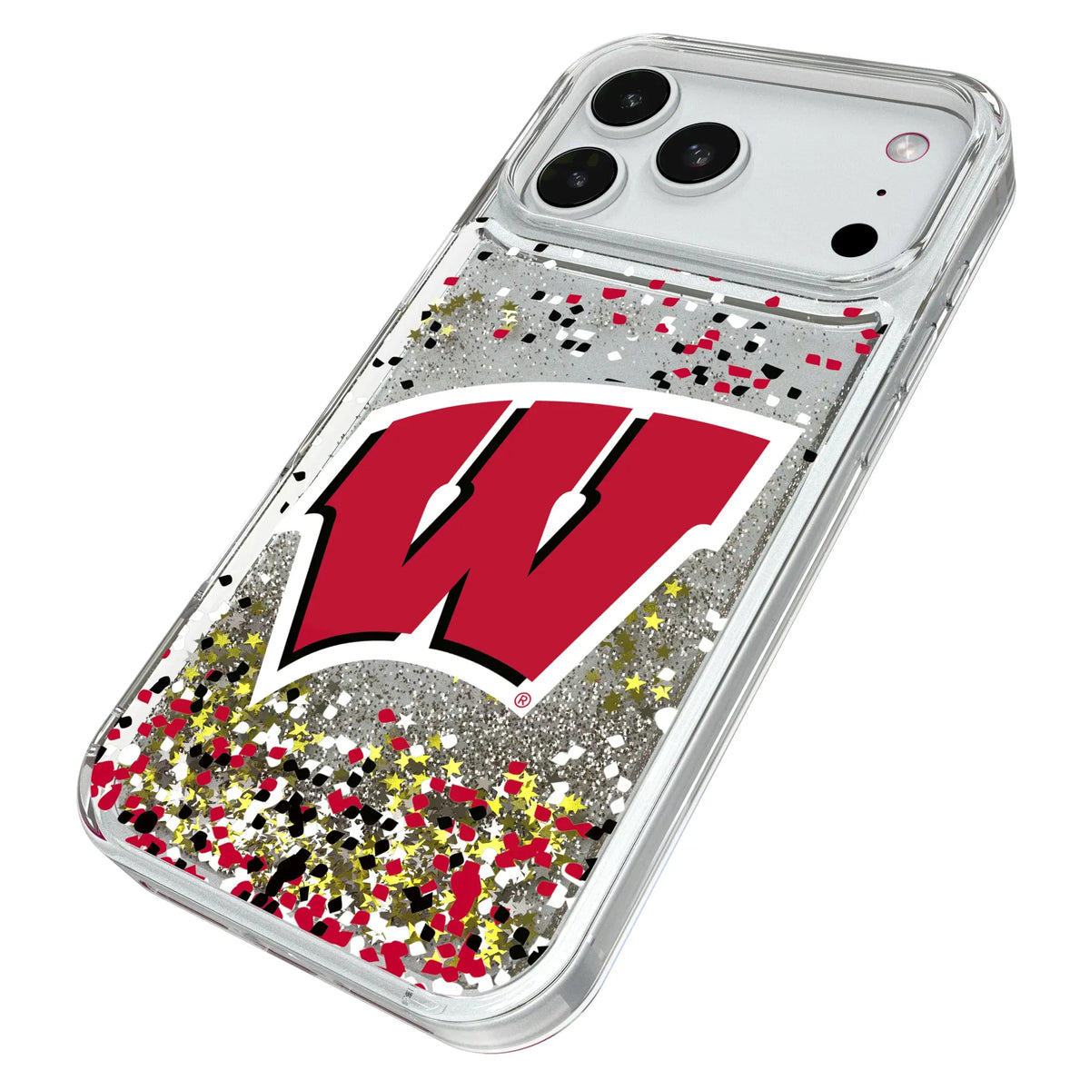 University of Wisconsin Badgers Confetti iPhone Glitter Phone Case for Apple iPhone - Isometric View#Device_iPhone 18 Pro Max
