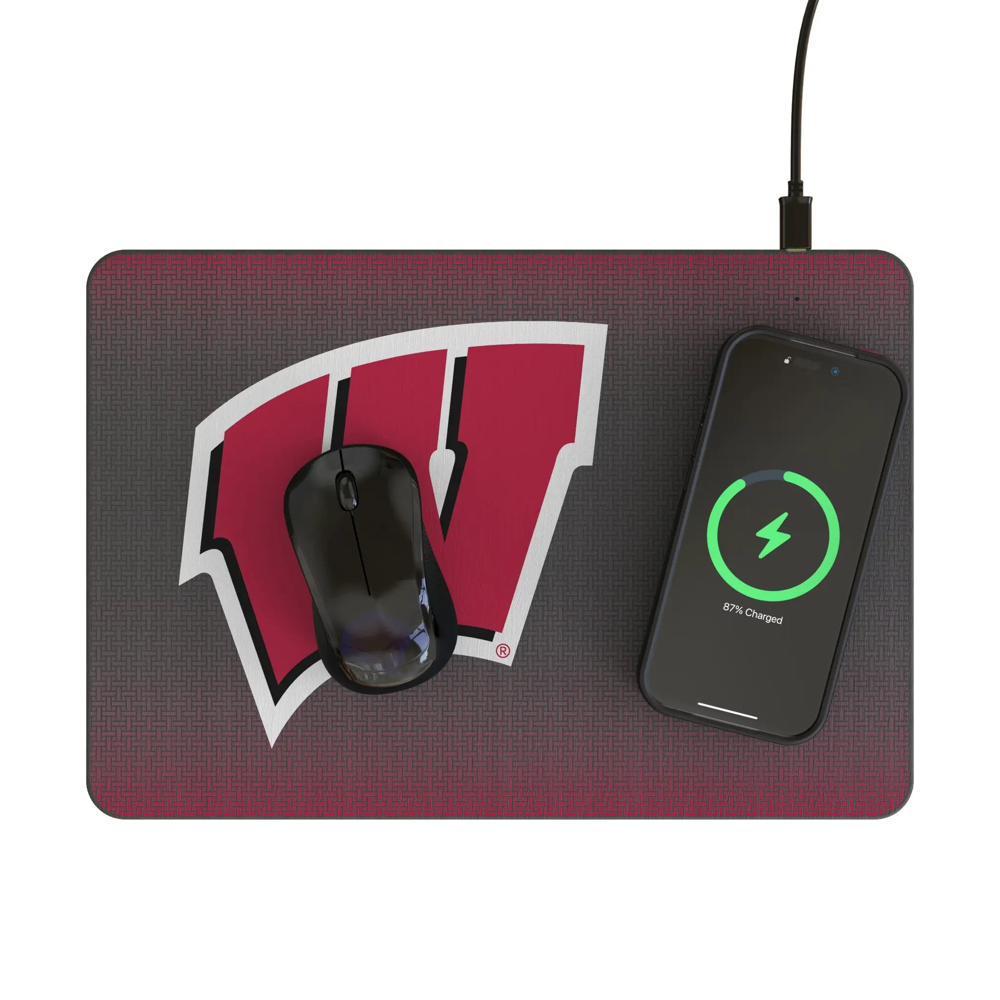 University of Wisconsin Badgers Linen 15-Watt Wireless Charger and Mouse Pad - Lifestyle