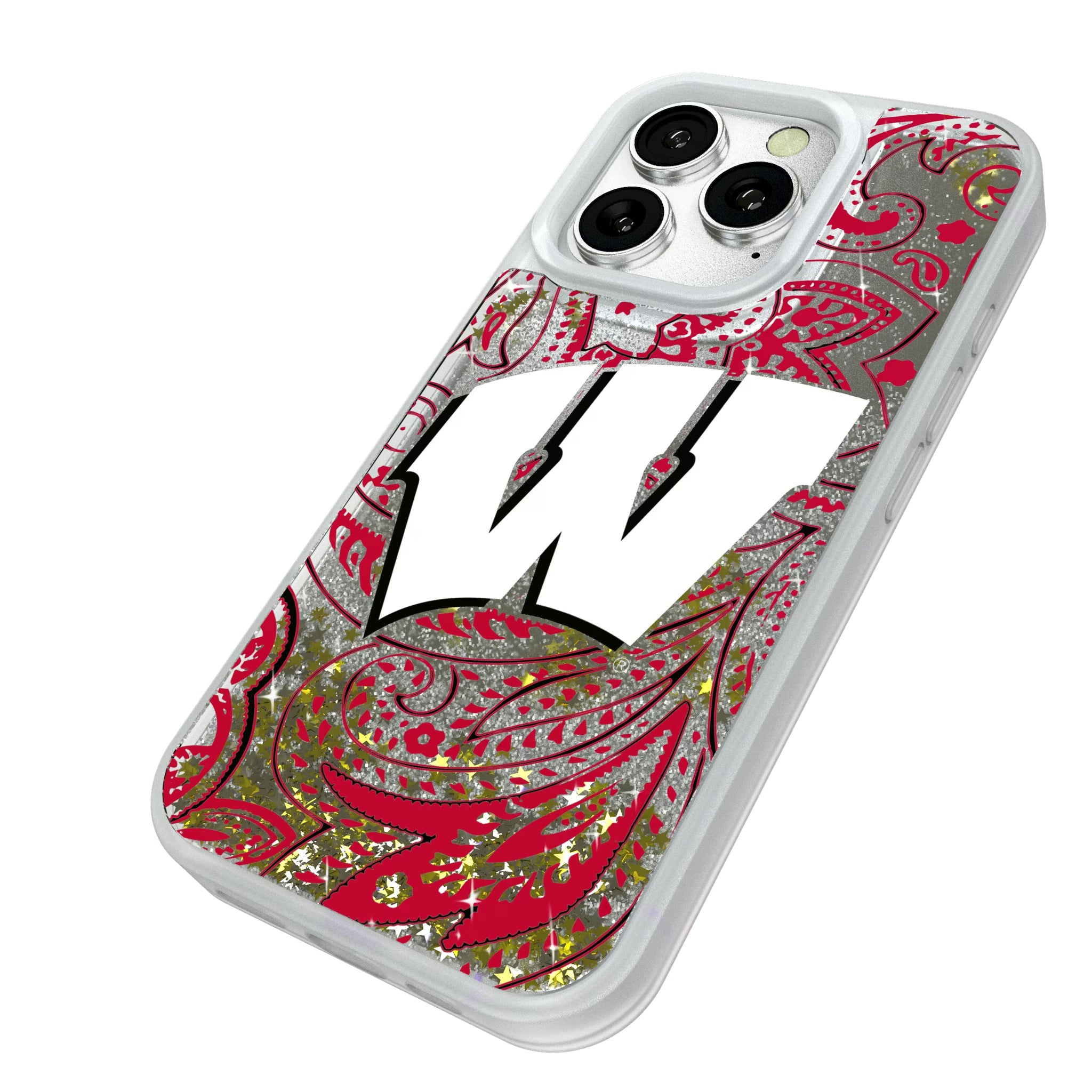 University of Wisconsin Badgers Paisley iPhone Glitter Phone Case for Apple iPhone - Isometric View#Device_iPhone 16 Pro
