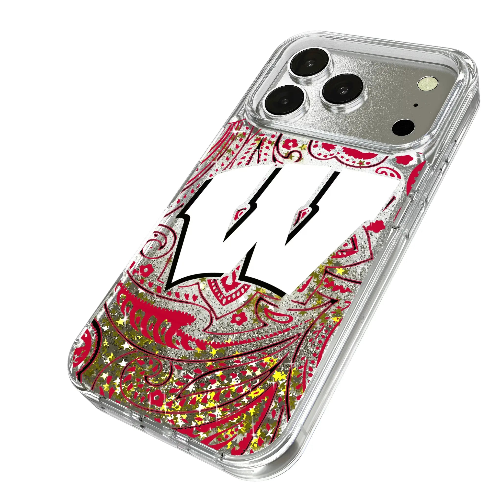 University of Wisconsin Badgers Paisley iPhone Glitter Phone Case for Apple iPhone - Isometric View