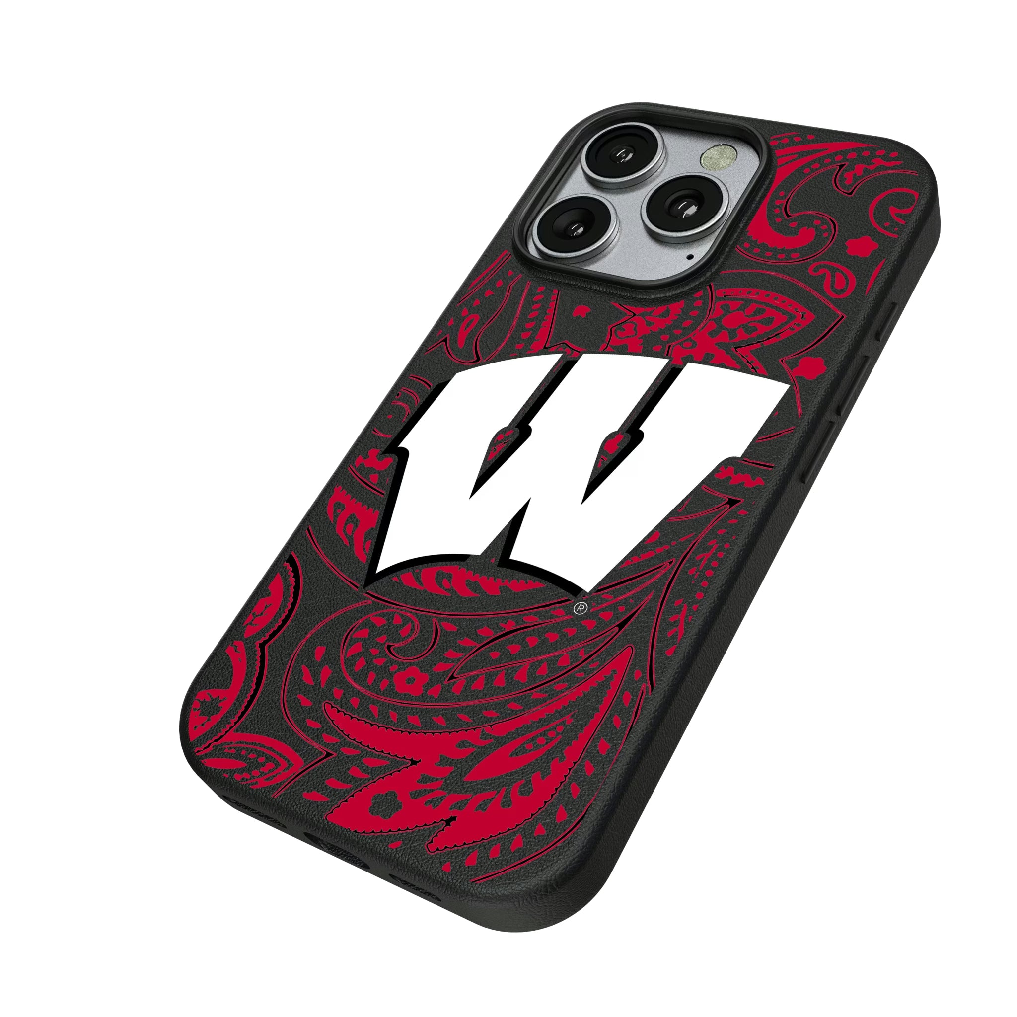 University of Wisconsin Badgers Paisley iPhone MagSafe Compatible Phone Case for Apple iPhone - Isometric View