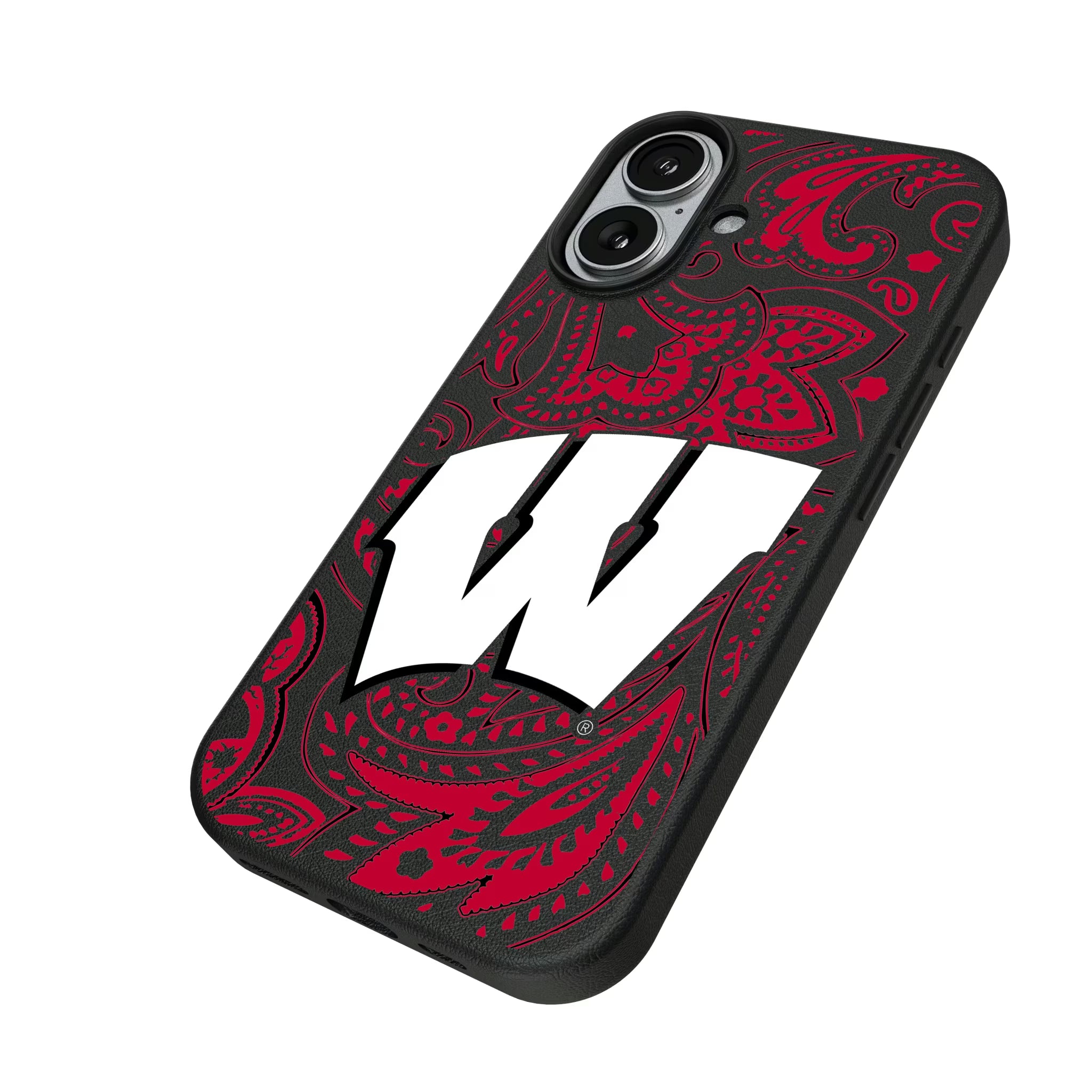University of Wisconsin Badgers Paisley iPhone MagSafe Compatible Phone Case for Apple iPhone - Isometric View#Device_iPhone 17