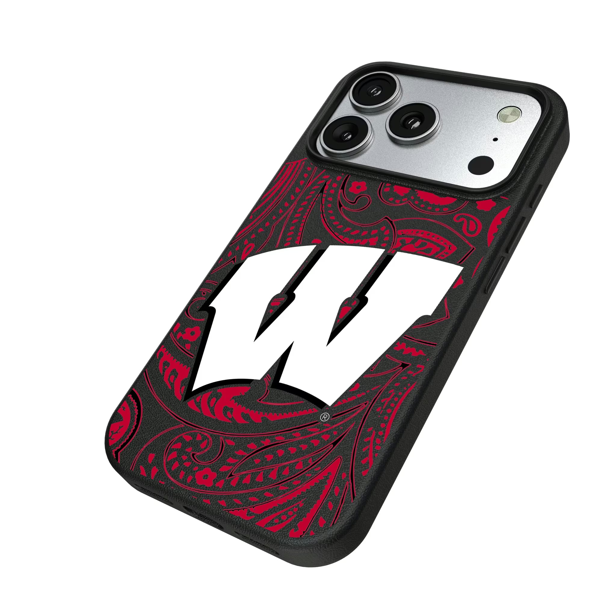 University of Wisconsin Badgers Paisley iPhone MagSafe Compatible Phone Case for Apple iPhone - Isometric View#Device_iPhone 17 Pro