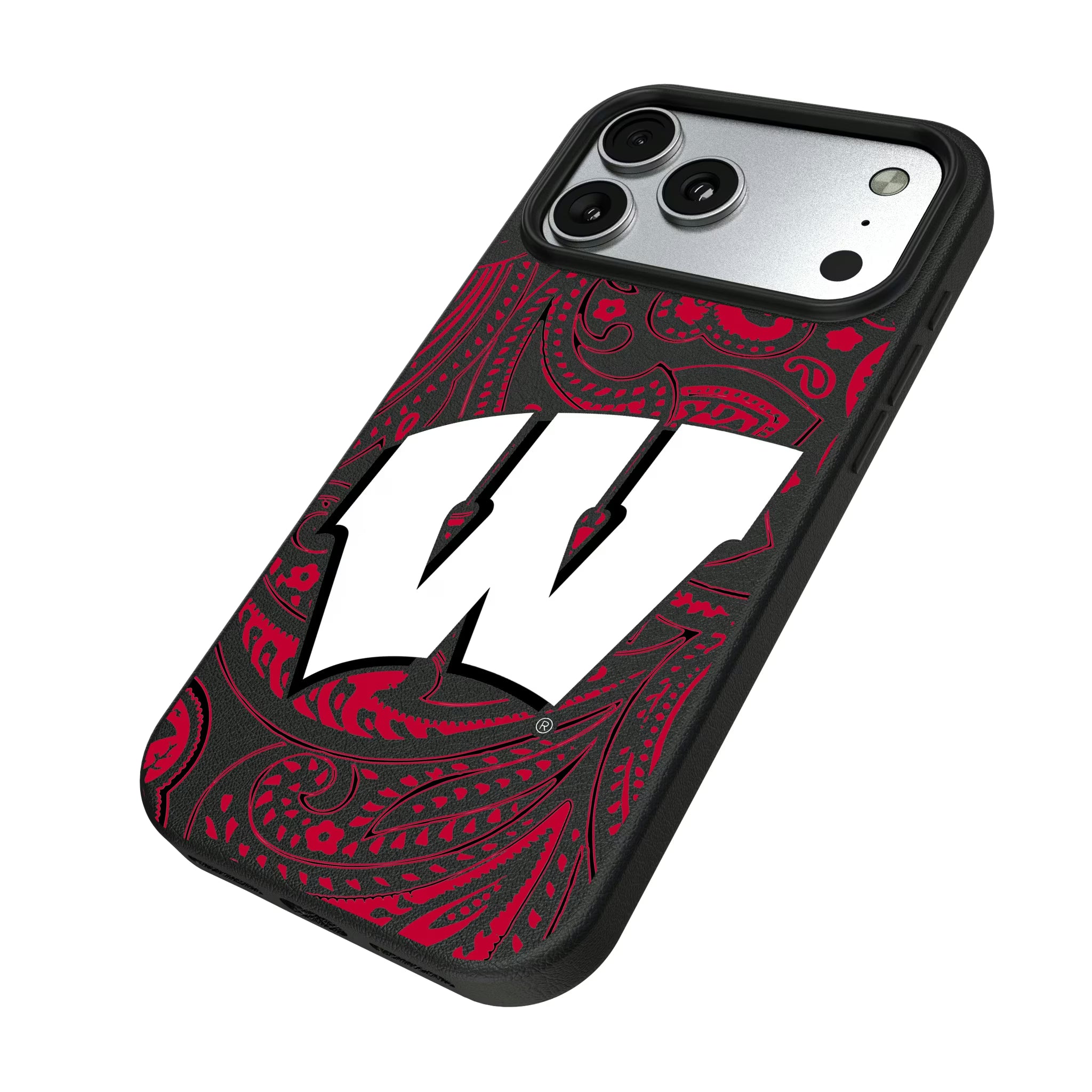 University of Wisconsin Badgers Paisley iPhone MagSafe Compatible Phone Case for Apple iPhone - Isometric View#Device_iPhone 17 Pro Max