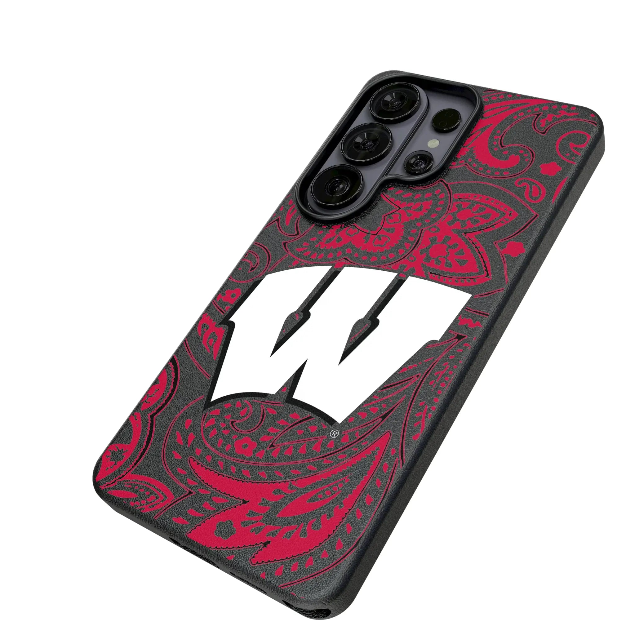University of Wisconsin Badgers Paisley Galaxy MagSafe Compatible Phone Case for Samsung Galaxy - Isometric View#Device_Galaxy S26 Ultra