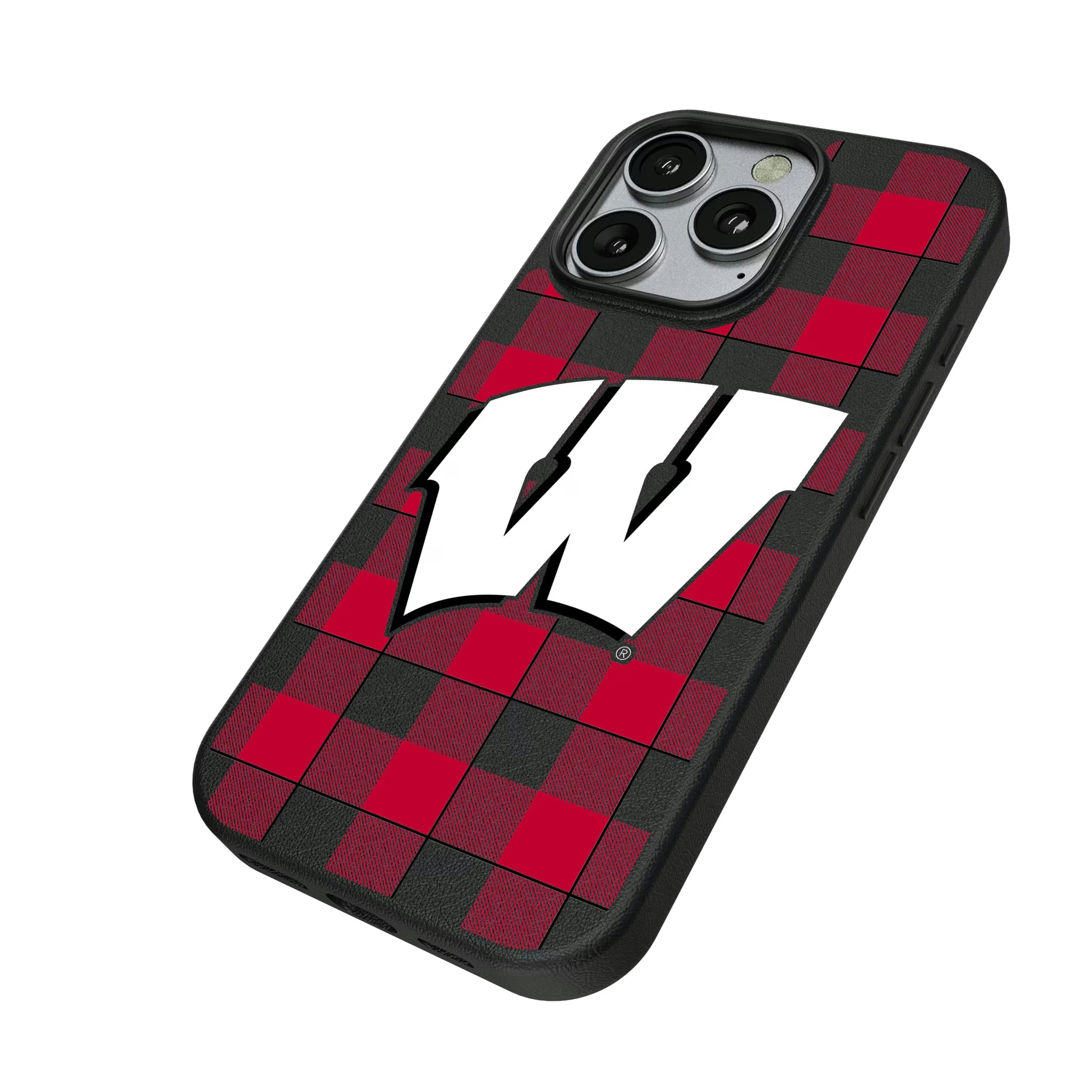 University of Wisconsin Badgers Plaid iPhone MagSafe Compatible Phone Case for Apple iPhone - Isometric View